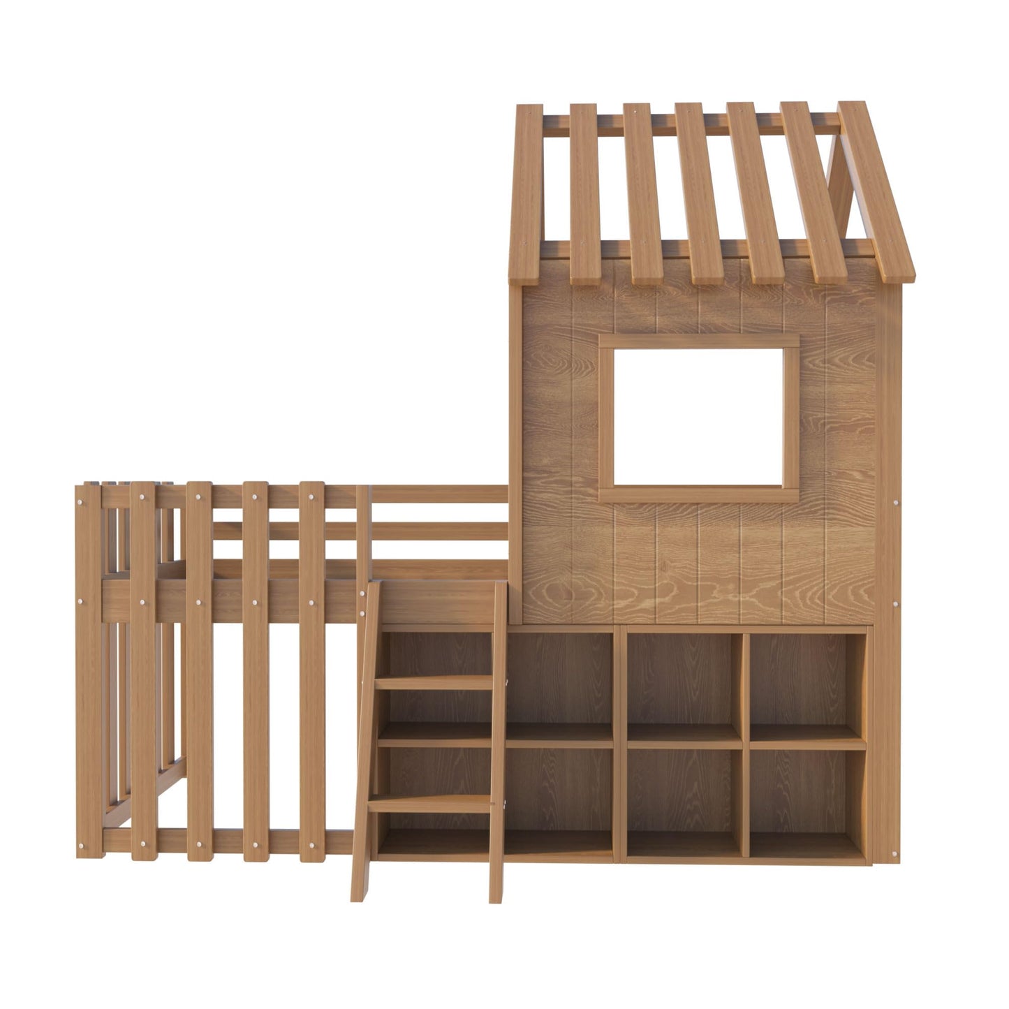 Children's Bed, House Bed 90 x 200 cm, Children's Bed Frame with Roof and Window, with Open Storage Space, with Climbing Ladder, Slatted Frame, Solid Wood Bed, Wooden Bed without Mattress (White)