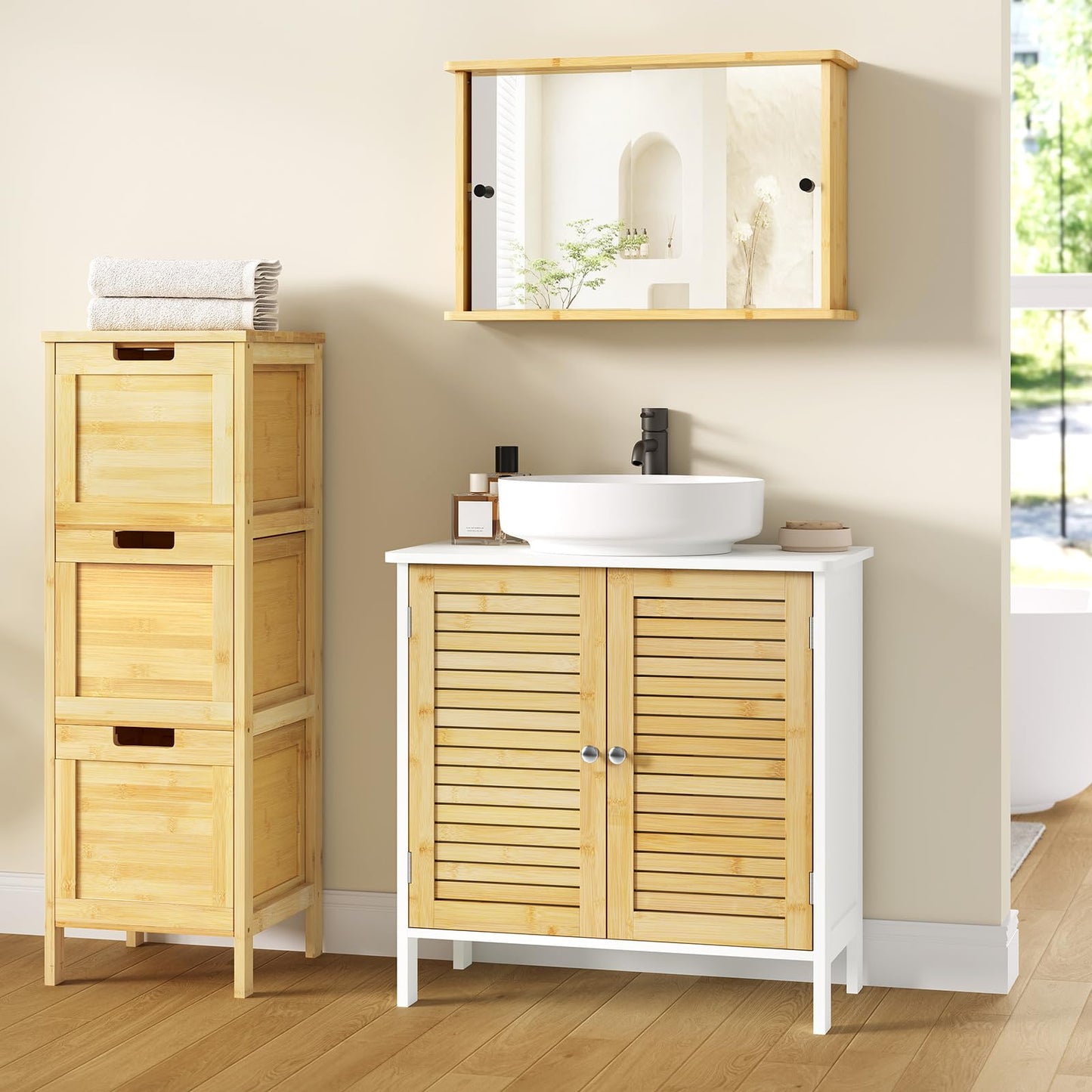EUGAD Under Basin Vanity Unit Bathroom Cupboard with 2 Doors 60 x 30 x 60 cm, Bamboo