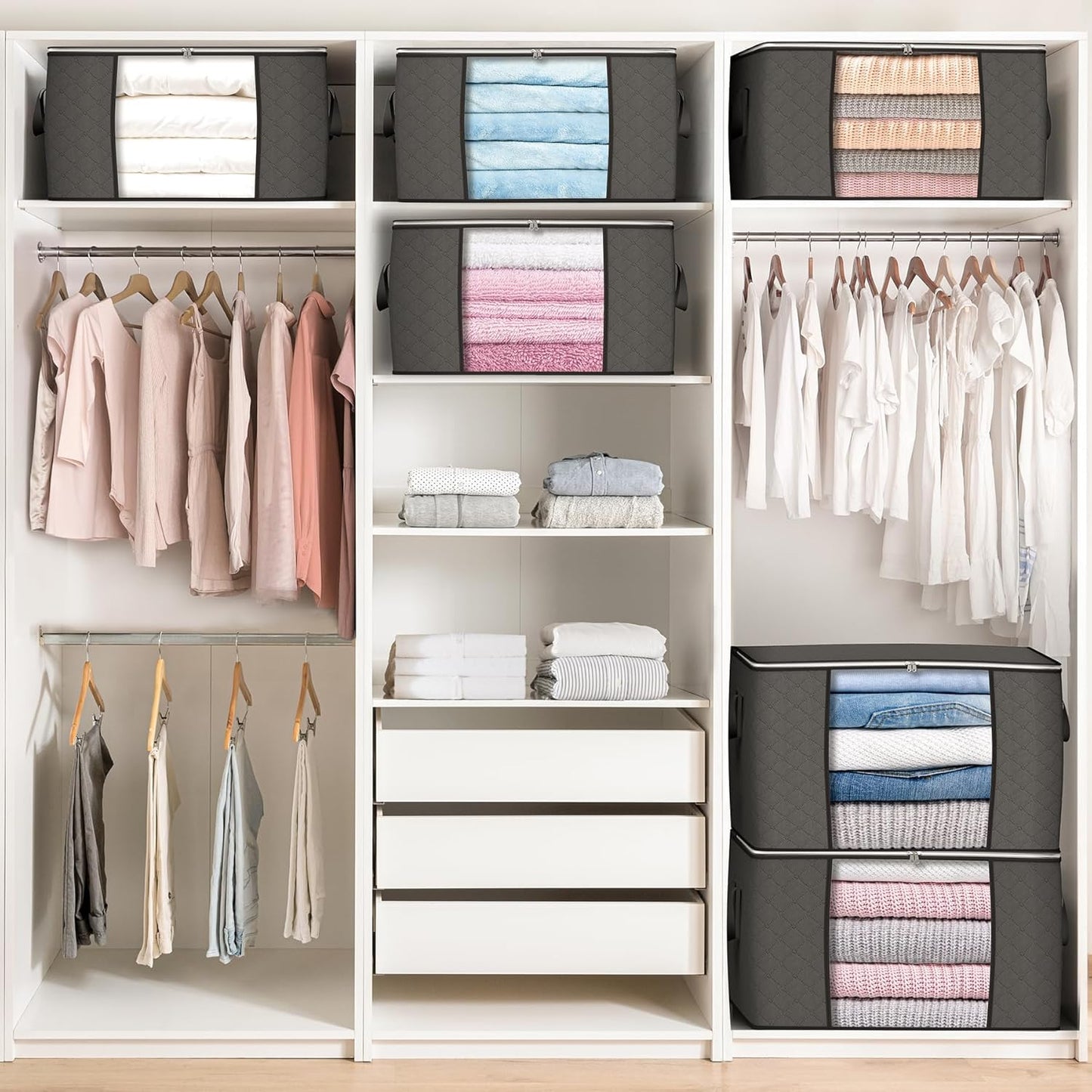 Budding Joy Pack of 6 90 L Storage Bags, Storage Boxes with Lid, Large, Clothes Storage, Moving Boxes, Foldable Underbed Wardrobe for Clothes, Duvets and Bedding, Grey