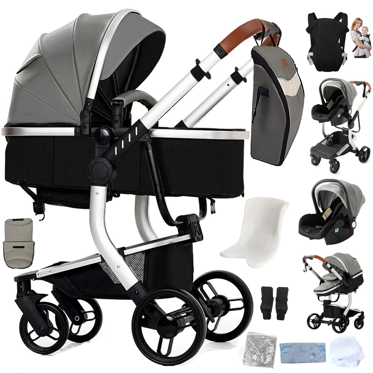 PU Leather Pushchair 3-in-1, Buggy with One-Click Folding Design, Pushchair with Two Reversible Sliding Modes, Combination Pushchair 3-in-1 Complete Set Frame Aluminium Alloy (518 Black)