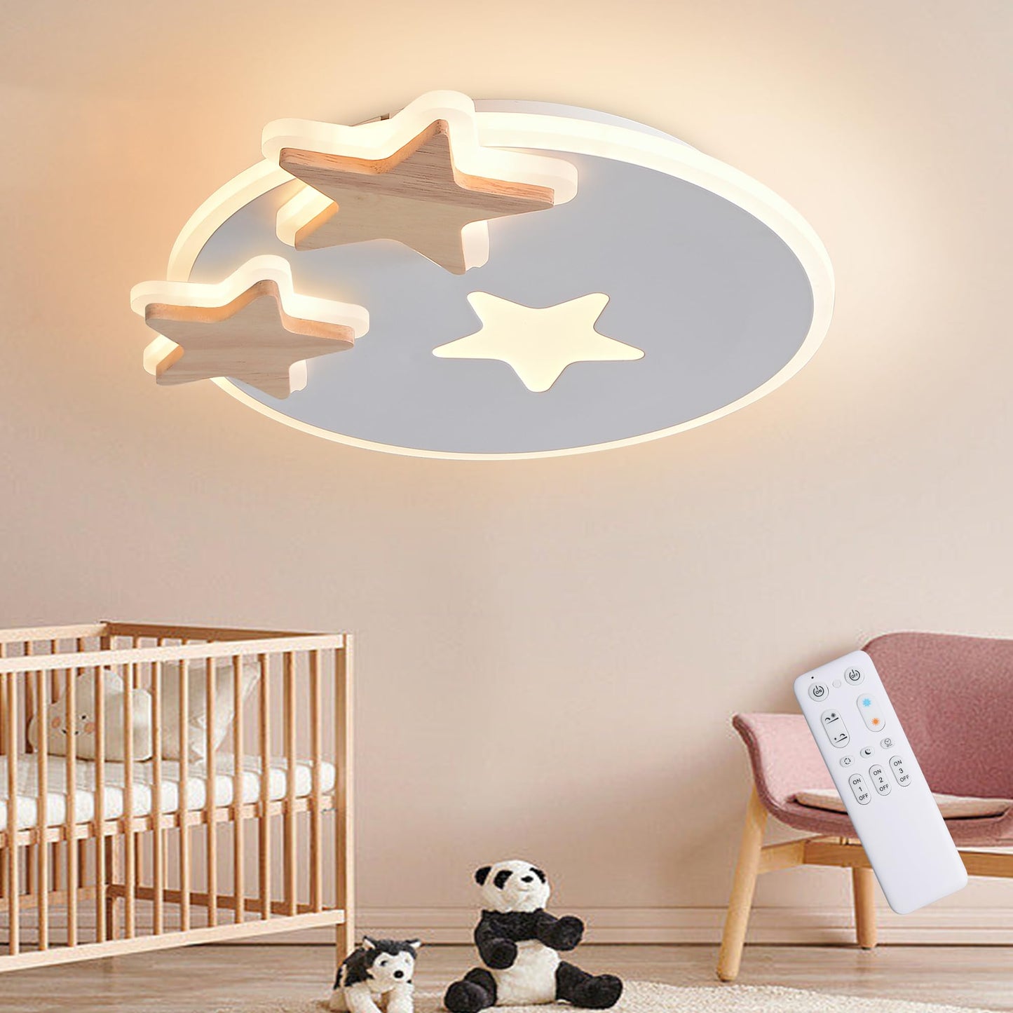 34 cm LED Ceiling Light Bedroom Wooden Children's Room Lamp Ceiling Star Children's Lamp Dimmable Ceiling Lamp for Children Lamp with Remote Control