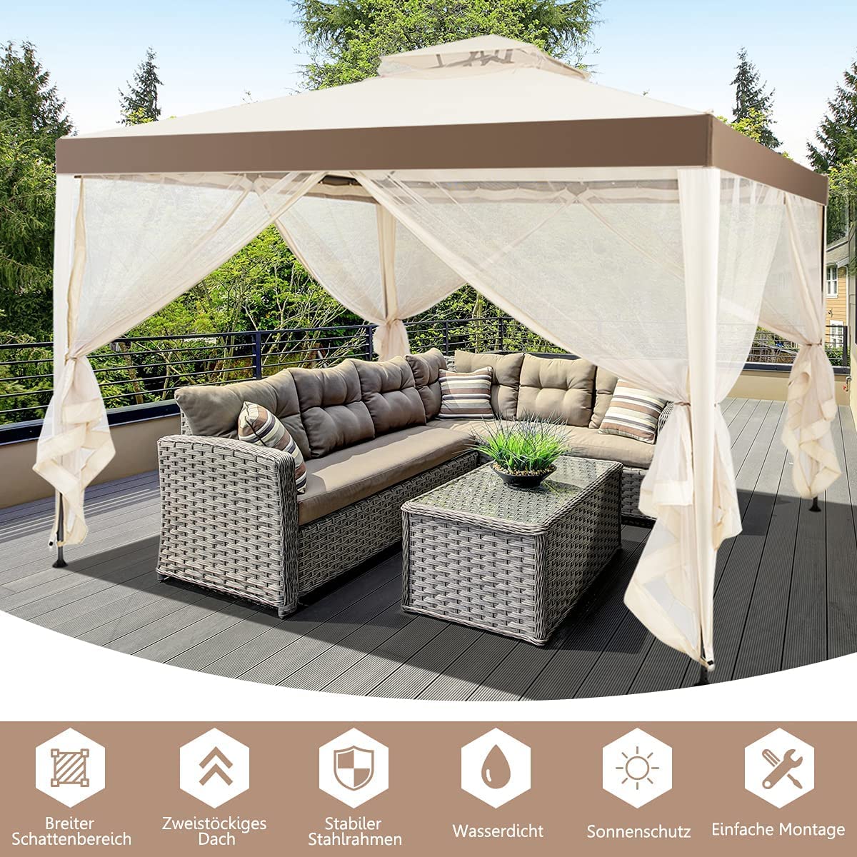 RELAX4LIFE 3 x 3 m Gazebo, Garden Gazebo with Iron Frame & Mosquito Net, Garden Tent with 4 Side Walls & Double Roof, Waterproof & Sunproof Party Tent for Party Camping (Brown)