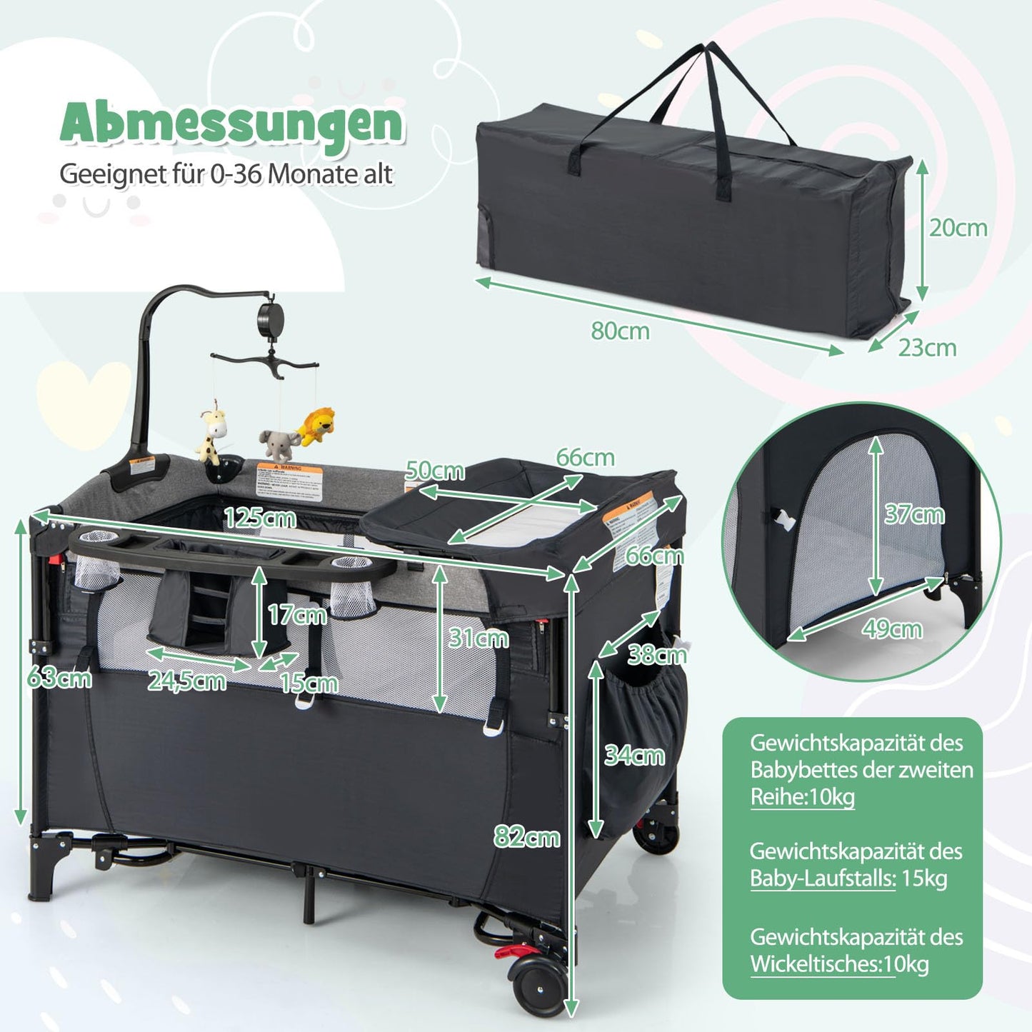 DREAMADE 5-in-1 Baby Travel Cot, 120 x 60 cm, Side Bed with Mattress & Changing Table, Music Box & Toy, Height-Adjustable Baby Bed for Baby from Birth (Dark Grey)