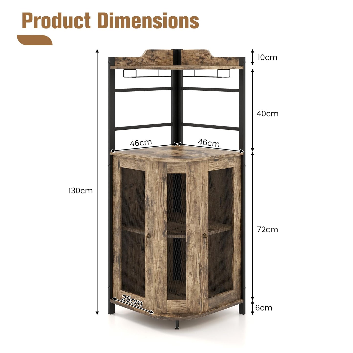 GIANTEX Weinschrank Eckschrank Industrial, Barschrank mit Glashalter, Weinbarschrank mit verstellbarem Regal, Küche Hausbar mit Metallgittertüren, Küchenschrank mit Kippschutz, 46 x 46 x 130 cm