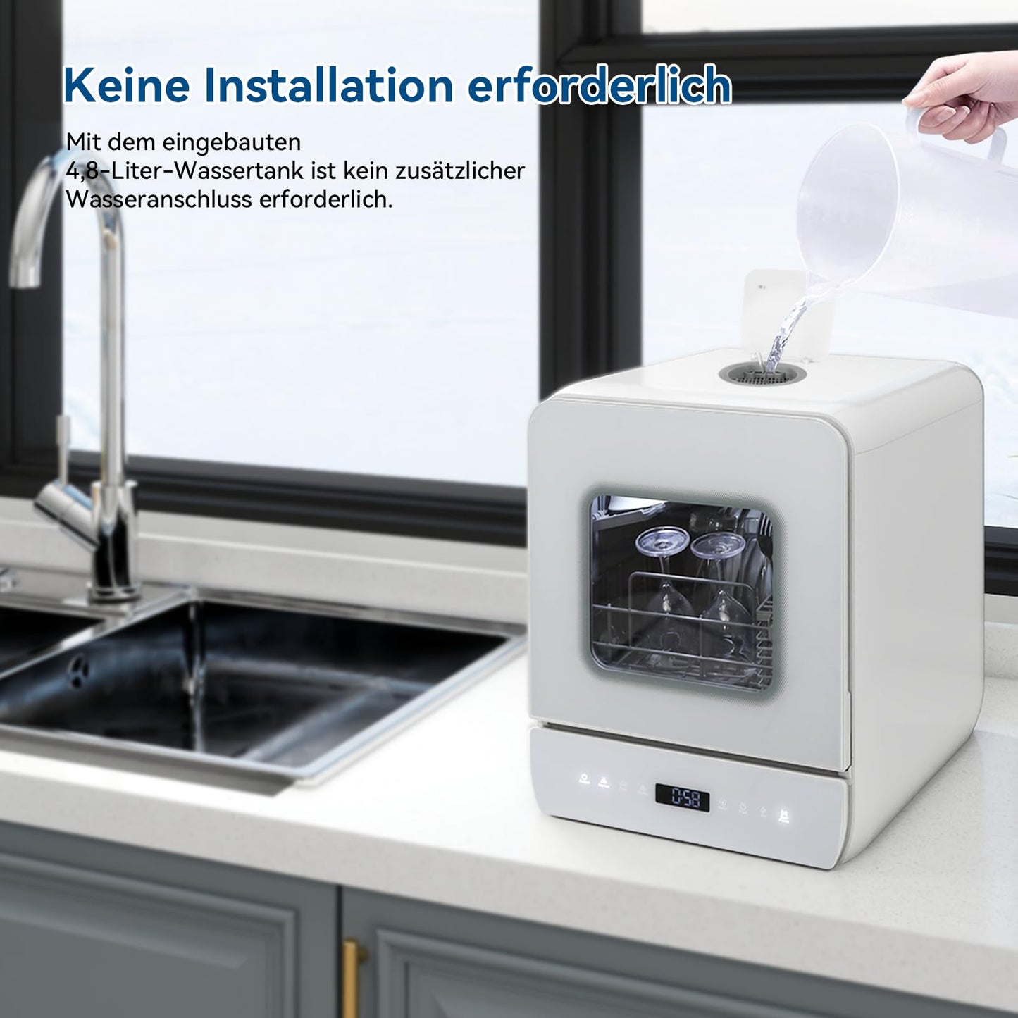 Mini Dishwasher for 3 Place Settings, Table Dishwasher with 7 Programmes with Drying Function, Can Be Used With/Without Water Connection, Dishwasher 4.8 L, Touch Control for Motorhomes, Homes