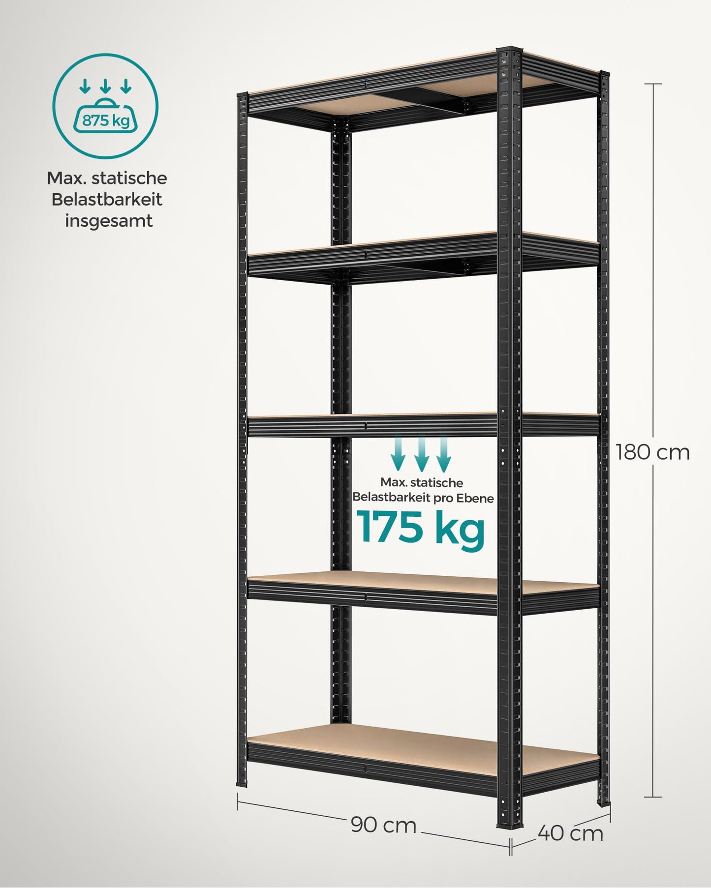 SONGMICS Storage Shelves, Heavy Duty Shelves, Set of 2, Basement Shelves, 180 x 90 x 40 cm, Maximum Load 875 kg, Shelves, Boltless Shelves, Reinforced Steel Frame, 5 Adjustable Shelves, Silver GLR040E02