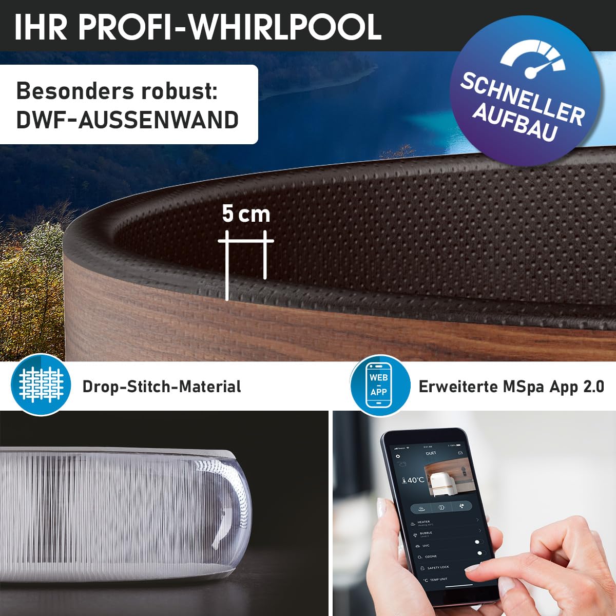 BRAST® Whirlpool aufblasbar MSpa | 4-8 Personen | viele Modelle rund und eckig | Ø 125-224cm | In- Outdoor Pool | bis zu 144 Massagedüsen | inkl. Aufblasfunktion Abdeckung Timer Heizung | Duet