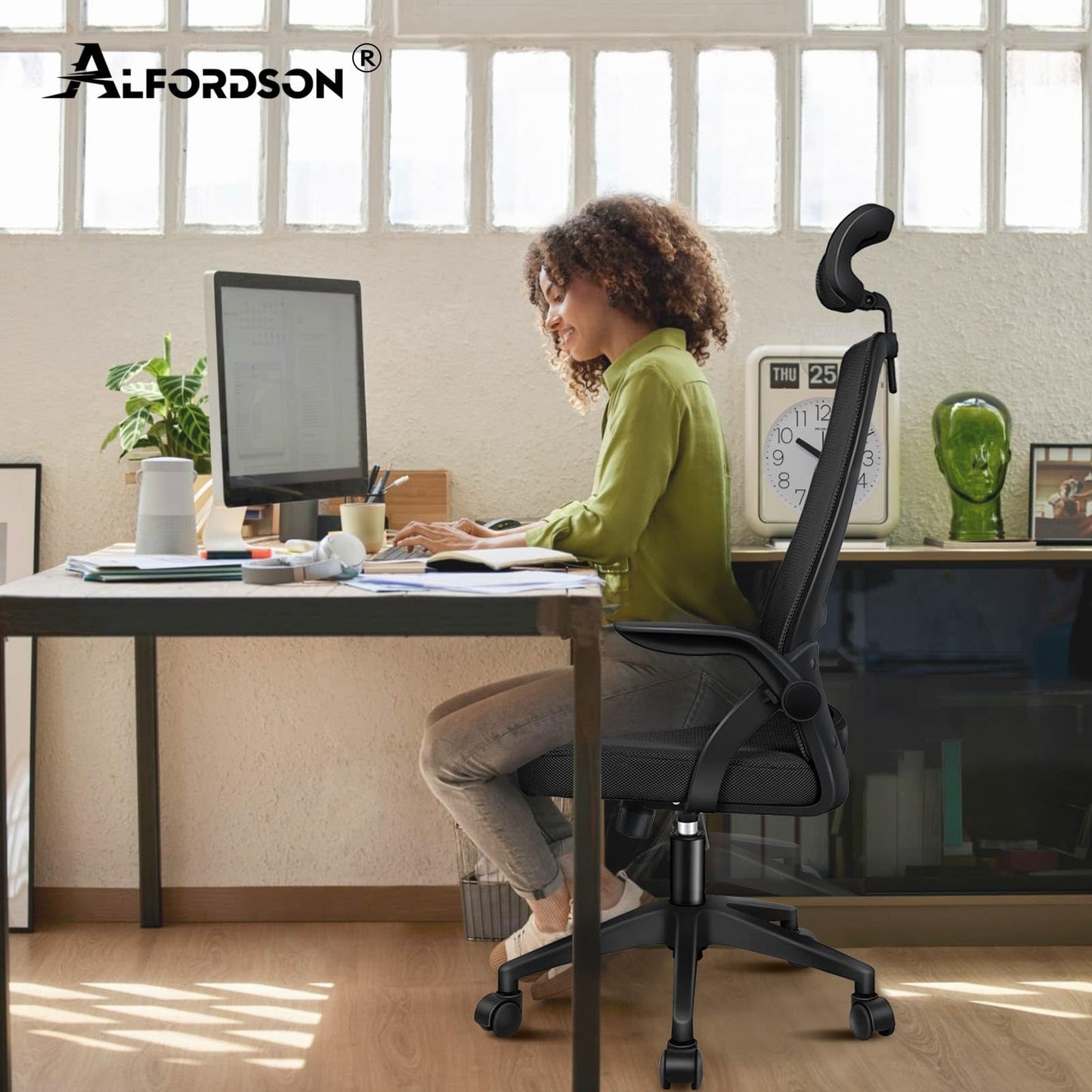 ALFORDSON Ergonomic Office Desk Chair, Computer Chair with Dynamic Lumbar Support, Tilting Swivel Chair with Flip Up Armrest, Black