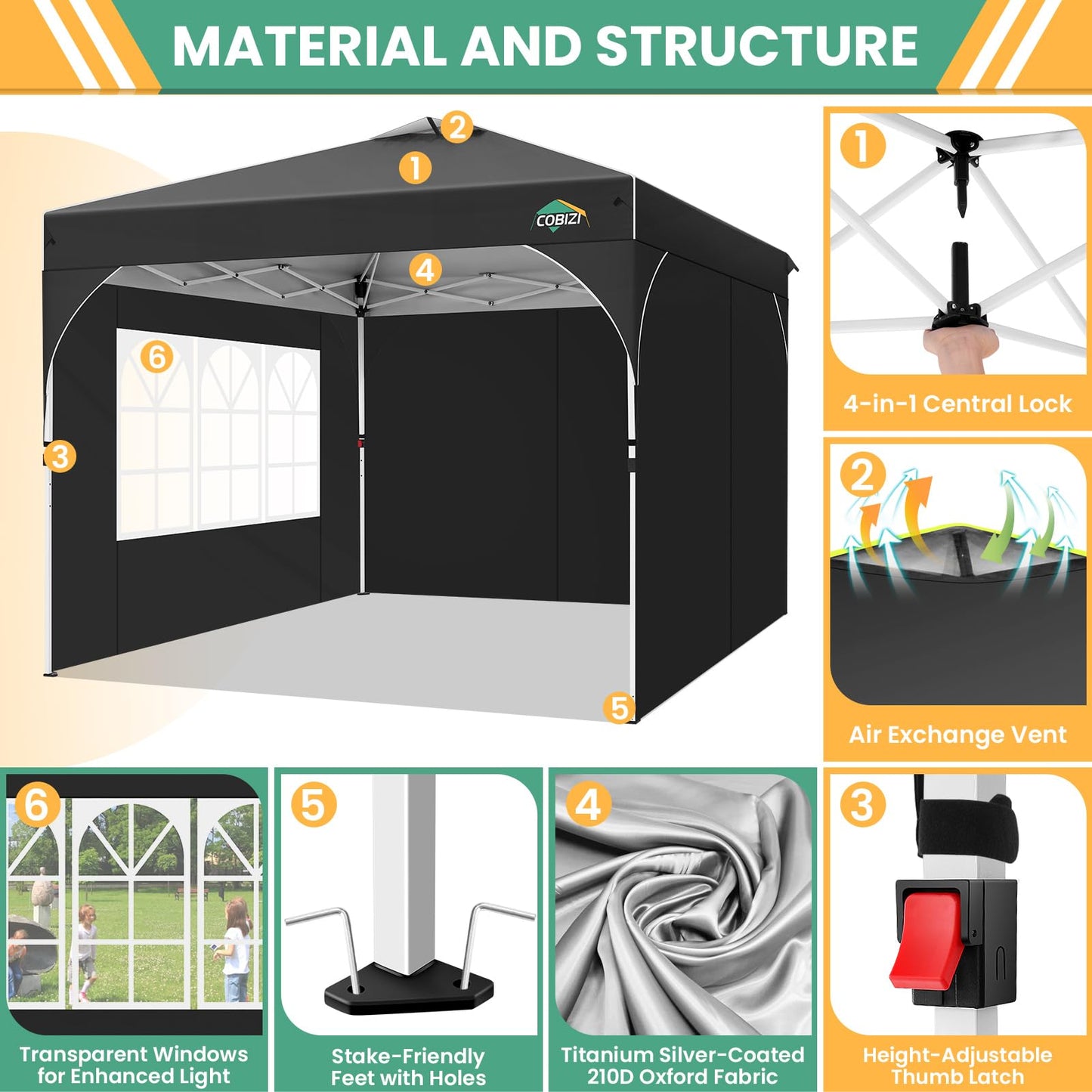COBIZI Faltpavillon 3x6 Pavillon wasserdicht Winterfest, Ein-Tasten-Zentralverriegelung Partyzelt Faltbar Anti-UV mit 6 Seitenwänden, Gartenpavillon mit Leuchtstreifen für Hochzeiten, Freien, Garten