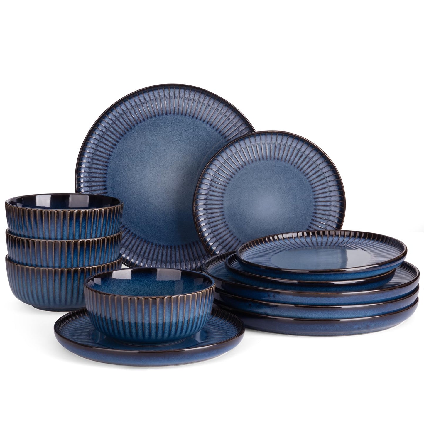 Starlight Crockery Set, 18-Piece Plate Set, Crockery Set for 6 People, Ribbed Textured Tableware, Microwave & Dishwasher Safe, Anti-Scratch, Reactive Glaze, Matt Black Grey