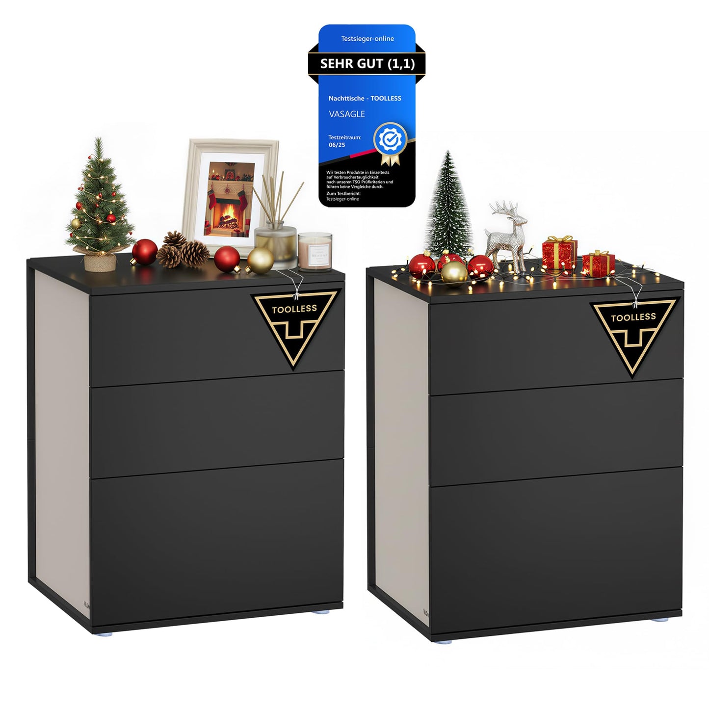 VASAGLE Bedside Table Set of 2, Toolless Technology, Super Fast Tool-Free Assembly, Side Table 3 Drawers, Bedside Cabinet, Bedroom, Living Room, Ink Black/Cappuccino Beige LET779B01