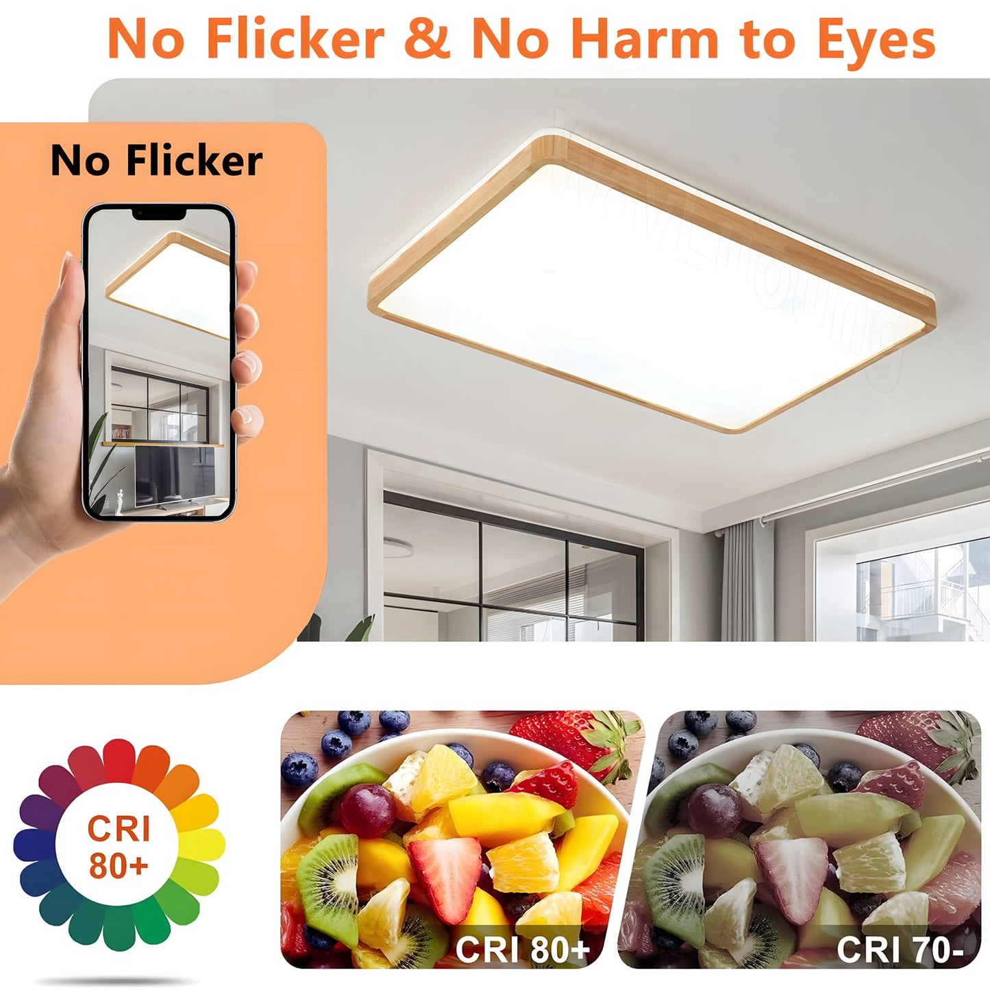 LED Wooden Ceiling Light, Diameter 30 cm, 3000 K, 1620 lm, 18 W, Ceiling Light with Square Top, 360° Luminous Natural Wood, Bedroom, Living Room, Children's Room, Kitchen, Dining Room (Warm White)