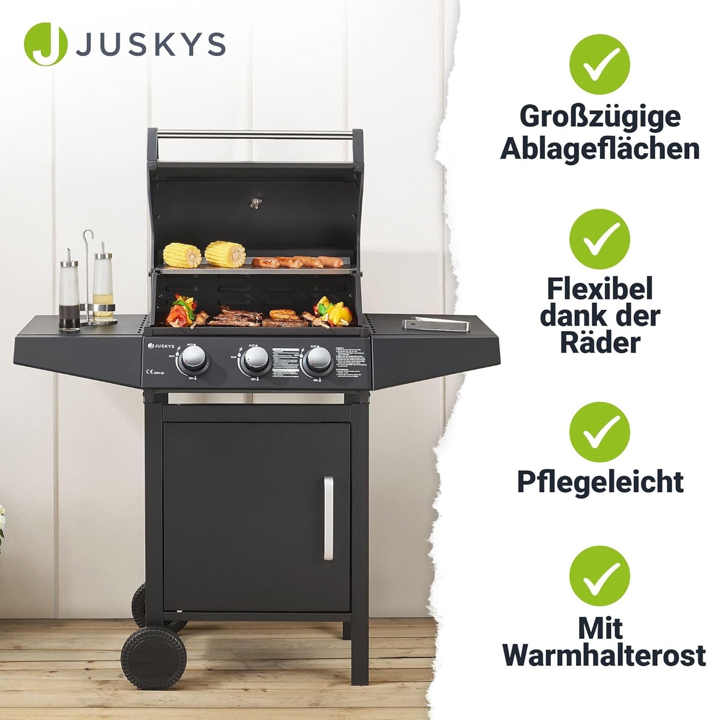 Broilcue Louisiana BBQ Gas Barbecue 3 Burners 8.1 kW Gas Grill Trolley incl. Grill Grate, Lid with Grill Thermometer, Warming Rack and Side Shelves