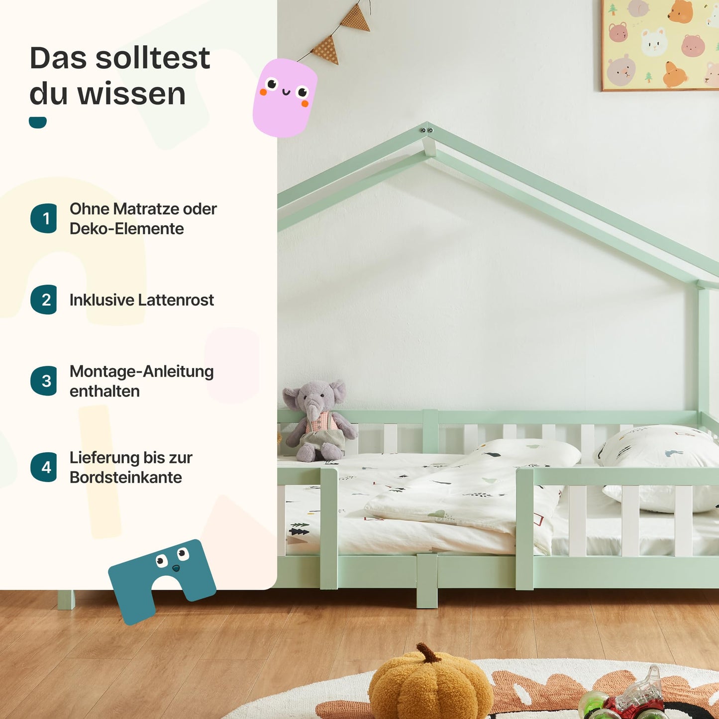 [en.casa] Treviolo Children's Bed 140 x 200 cm Wooden Bed for Children with Fall Protection Montessori Bed Frame with Slatted Frame Pine Wood White