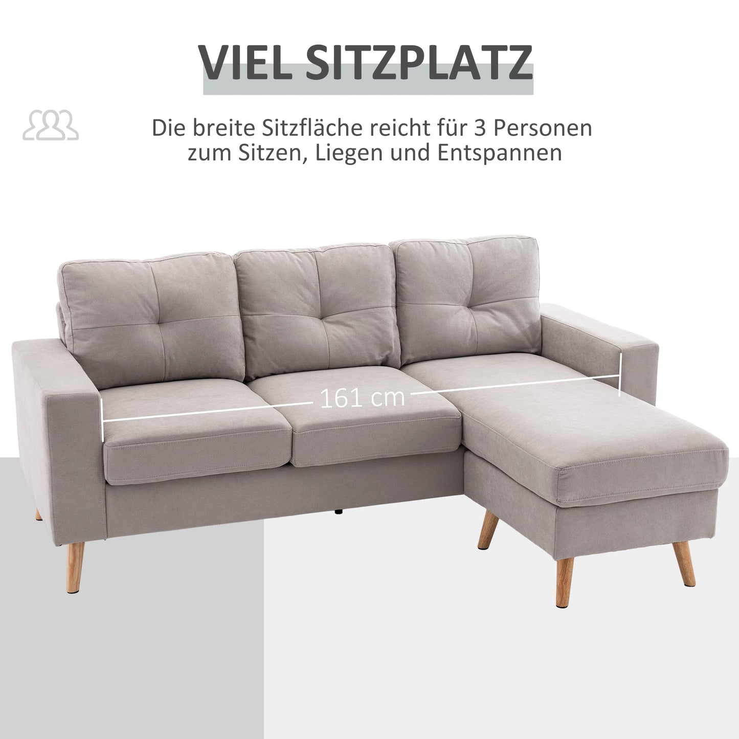 HOMCOM Corner Sofa L-Shaped Sofa with 3 Cushions, Corner Couch with Button Binding, Linen Look, Couch Living Landscape for Living Room, Bedroom, 193 x 136 x 85 cm, Black