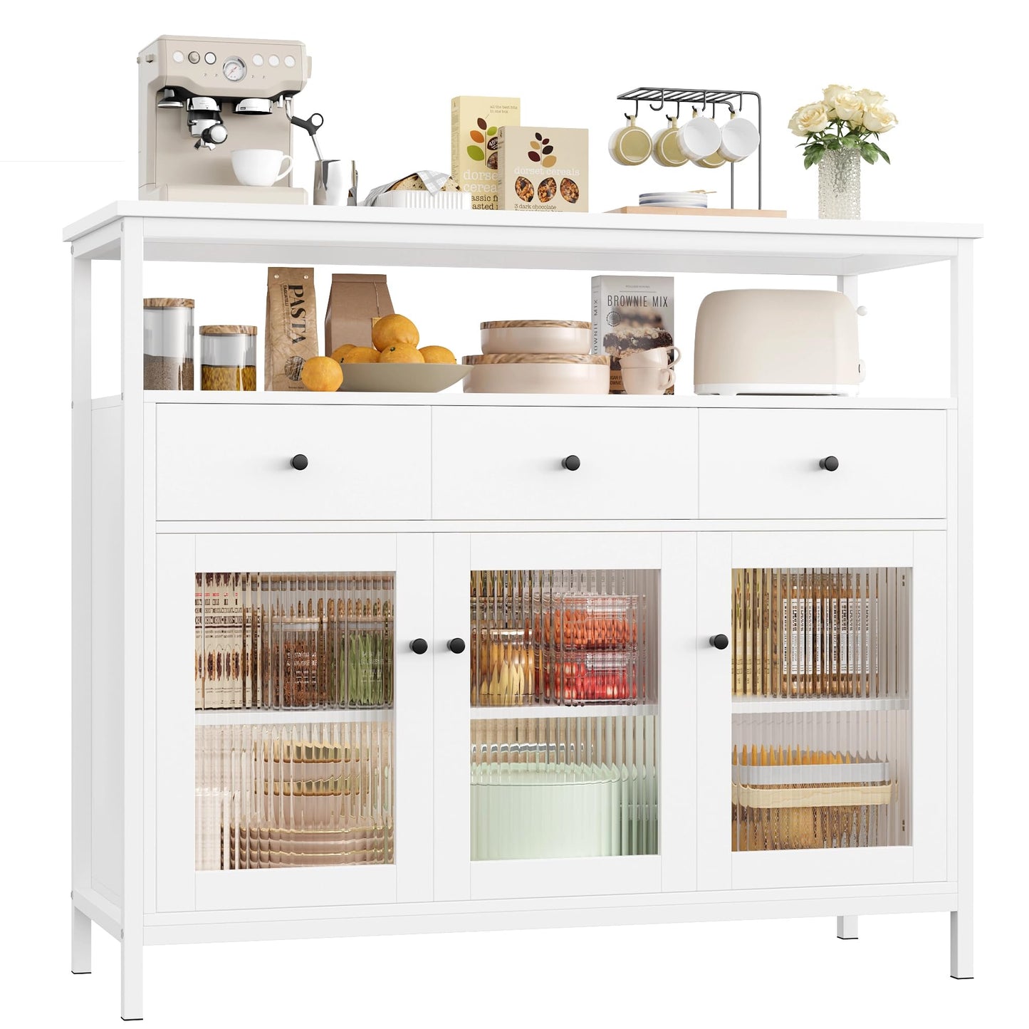 FirFurd Sideboard Küchenschrank mit Arbeitsplatte ＆3 Schubladen＆3 Glastüren, Buffetschrank Kommode Kaffeebar Mehrzweckschrank, Sideboard für Wohnzimmer Küche Esszimmer 108 x 38 x 98,5 cm schwarz