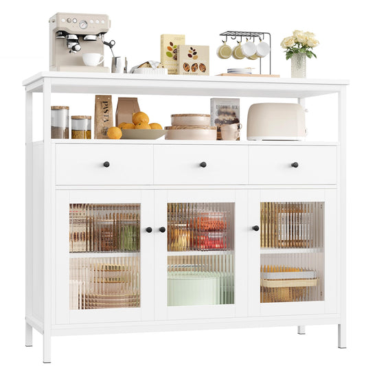 FirFurd Sideboard Küchenschrank mit Arbeitsplatte ＆3 Schubladen＆3 Glastüren, Buffetschrank Kommode Kaffeebar Mehrzweckschrank, Sideboard für Wohnzimmer Küche Esszimmer 108 x 38 x 98,5 cm schwarz