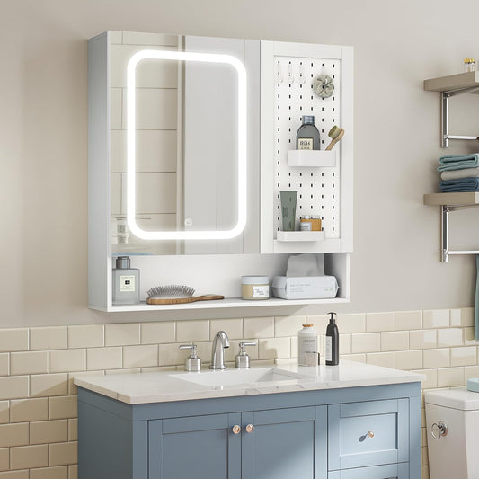 Pamapic Bathroom Mirror Cabinet with Lighting, Bathroom Cabinet with Mirror, Wall Cabinet Bathroom with Pegboard & Adjustable Shelves, Cabinet with Bathroom Mirror, 3 Colours, Dimmable, White