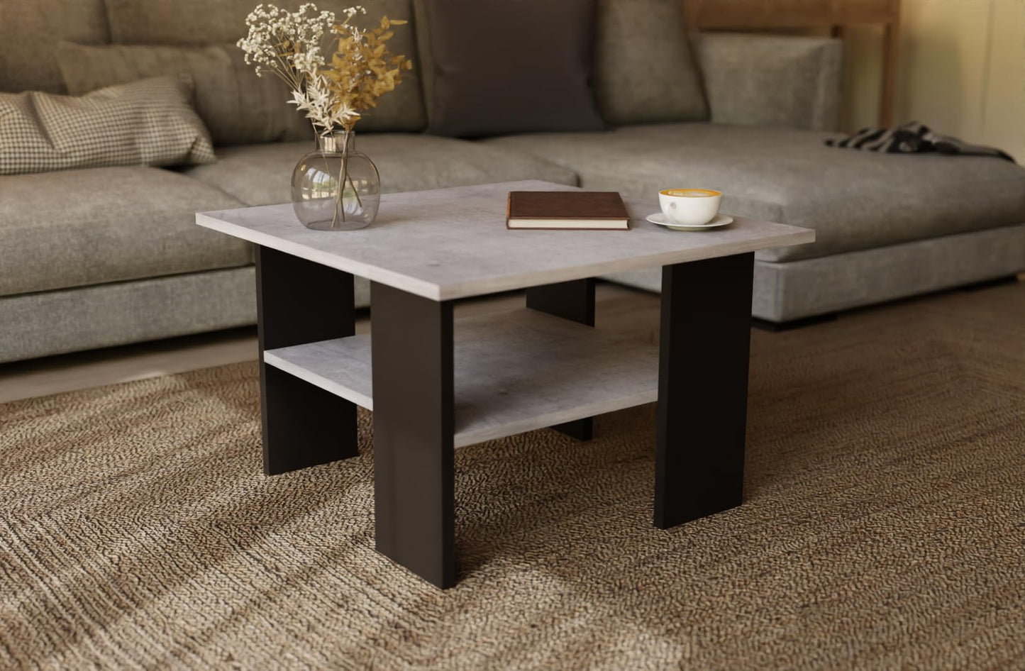 Artisan Coffee Table, Retro Loft Bench, Open Double Shelf, Skate Legs, Ideal for Coffee Get-Togethers, Laminated Top, Large Surface, Guaranteed Stability, White 3