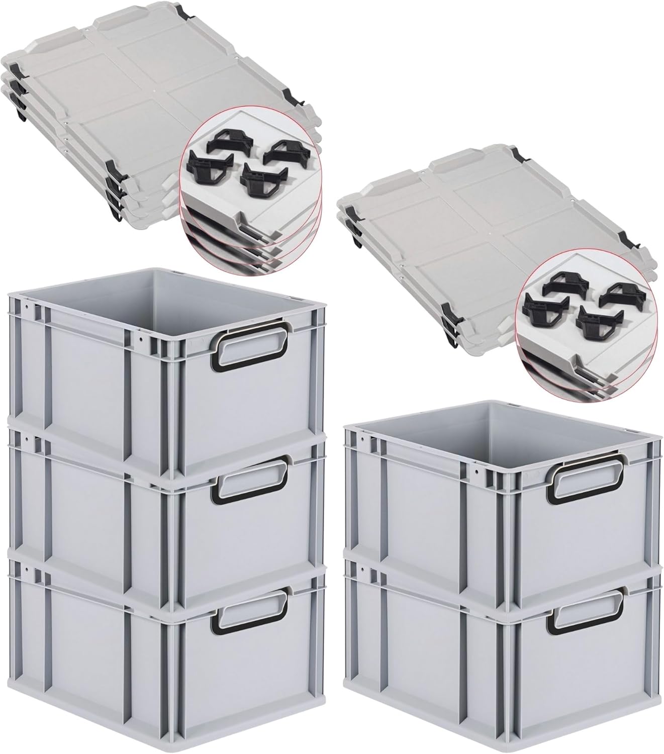 PROREGAL Economy Set of 5 Eurobox NextGen Colour with Lid and Sliding Snap Fasteners, H x W x D 22 x 30 x 40 cm, 20 L, Black, Closed Handles, Euro Container, Transport Box, Transport Container