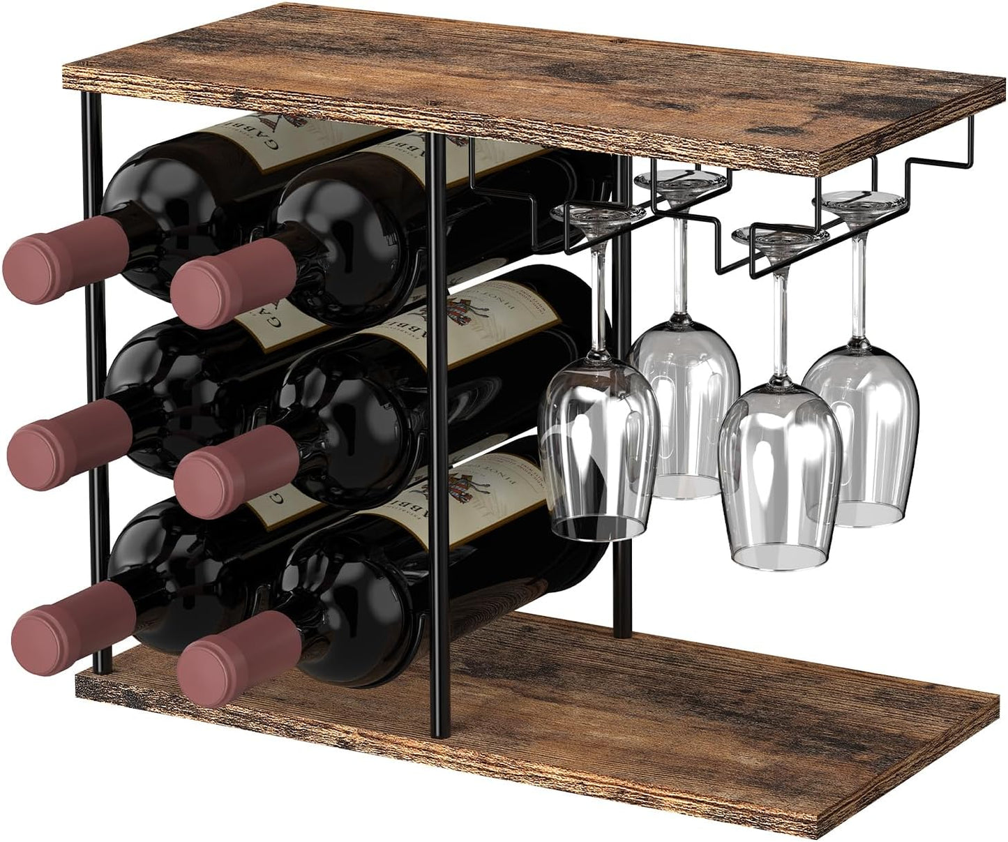 Wine Rack for 6 Bottles, Bottle Rack with 3 Shelves, Vintage Metal Wine Stand with Glass Holder, Bottle Holder, Freestanding Bottle Rack for Kitchen, Bar, Dining Room, Living Room, Vintage Brown/Black