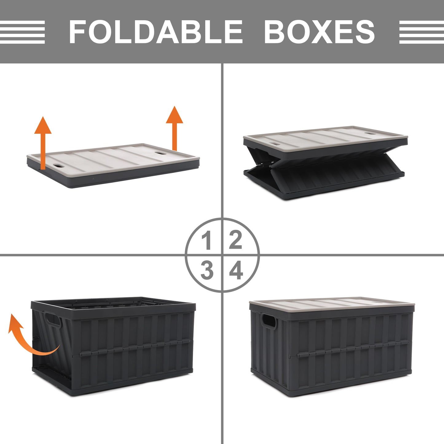Citylife Set of 4 64 L Folding Box with Lid, Foldable Camping Box, Collapsible Storage Bins for Organising Large Heavy Outdoor, Bathroom, Kitchen, Office, Living Room (Grey)