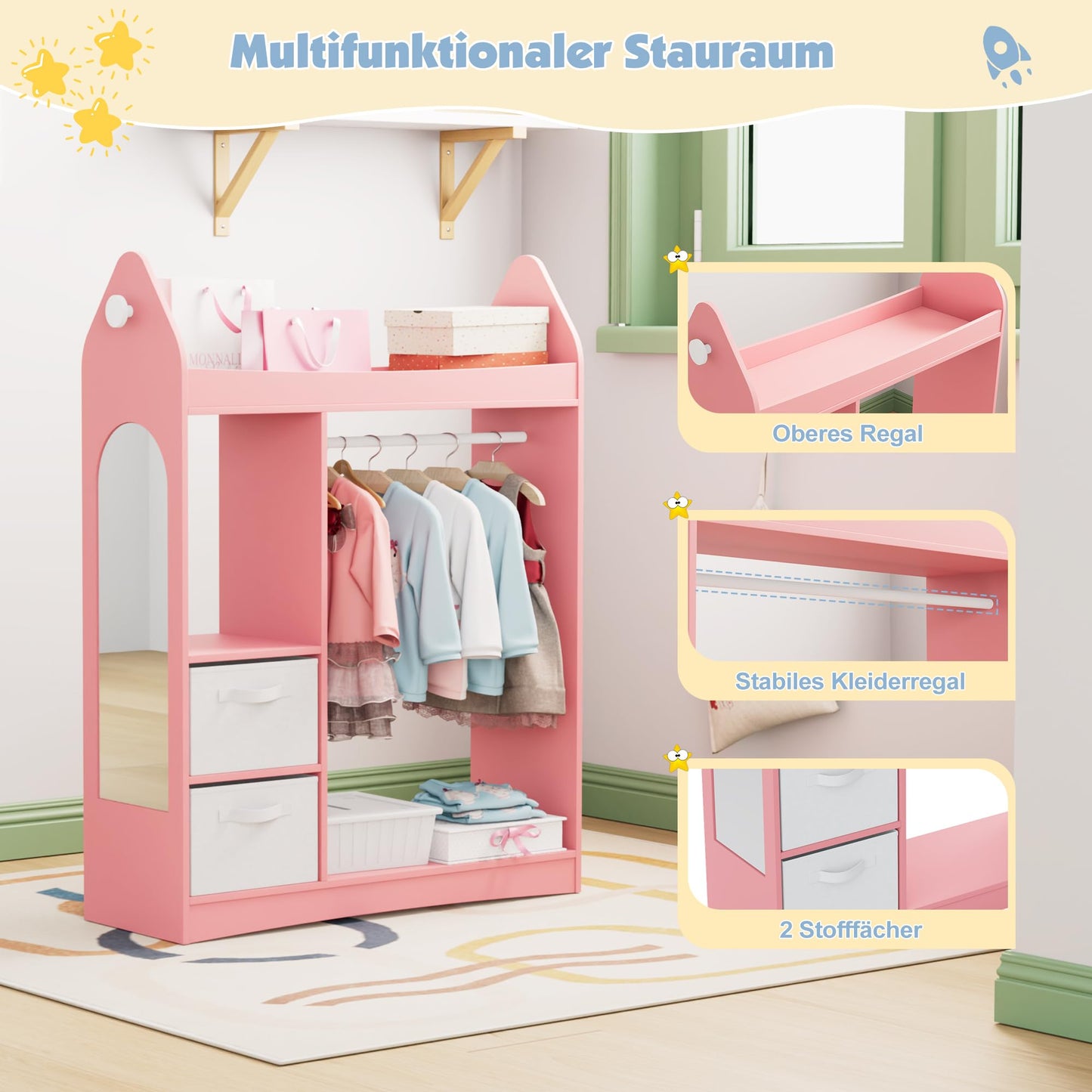 Children's Clothes Rack with Mirror, Clothes Rail with Shelves, Children's Wardrobe Wood, Children's Shelf for Children's Room, 81 x 28 x 106.5 cm (Clouds with 2 Drawers, White)