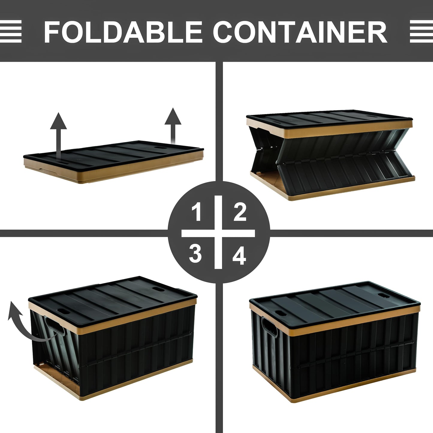 Citylife Set of 4 64 L Folding Box with Lid, Foldable Camping Box, Collapsible Storage Bins for Organising Large Heavy Outdoor, Bathroom, Kitchen, Office, Living Room (Grey)