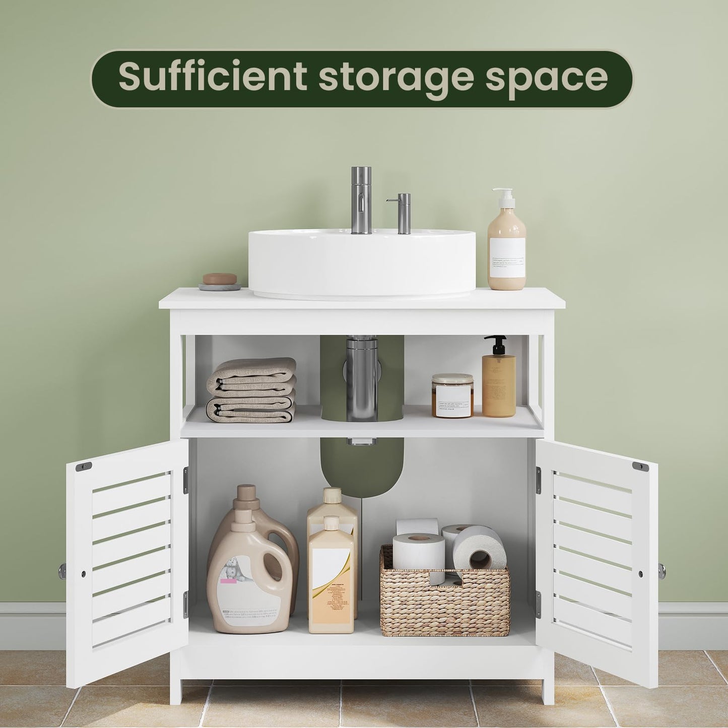 EUGAD Bamboo Vanity Unit with Slat Doors, Adjustable Shelf, 60 x 60 x 30 cm