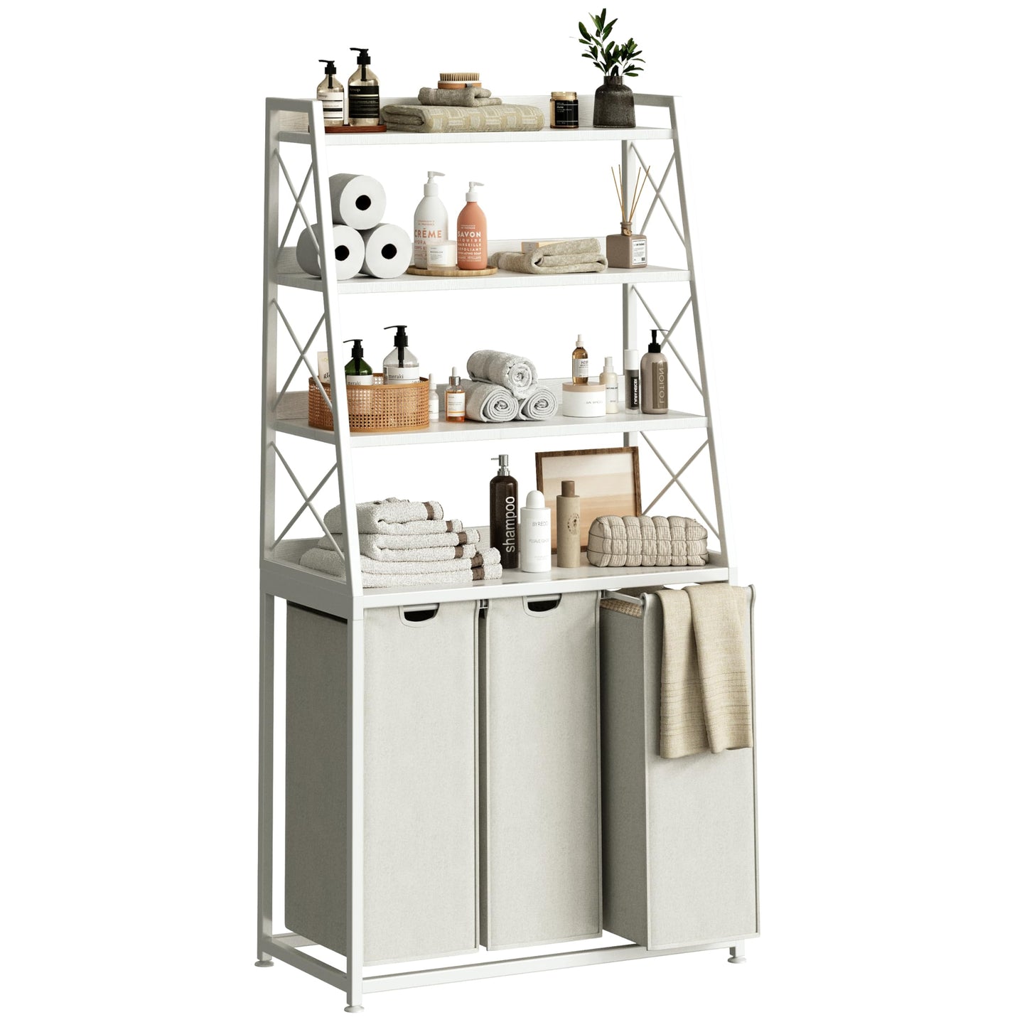 Herture Laundry Basket 3 Compartments Laundry Hamper with 4 Shelves Laundry Basket Removable Laundry Bags Large 3 x 60L for Laundry Room Bathroom Ink Black Vintage Brown PF05XLN