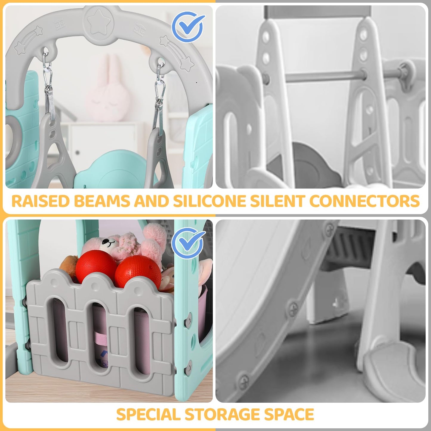 Swing Slide, 5-in-1 Children's Slide with Swing, Climbing Frame, Telescope, Storage, Indoor and Outdoor Freestanding Slide, Playground for Toddlers, for Max 60 kg from 1-6 Years, 2 Pieces Modules