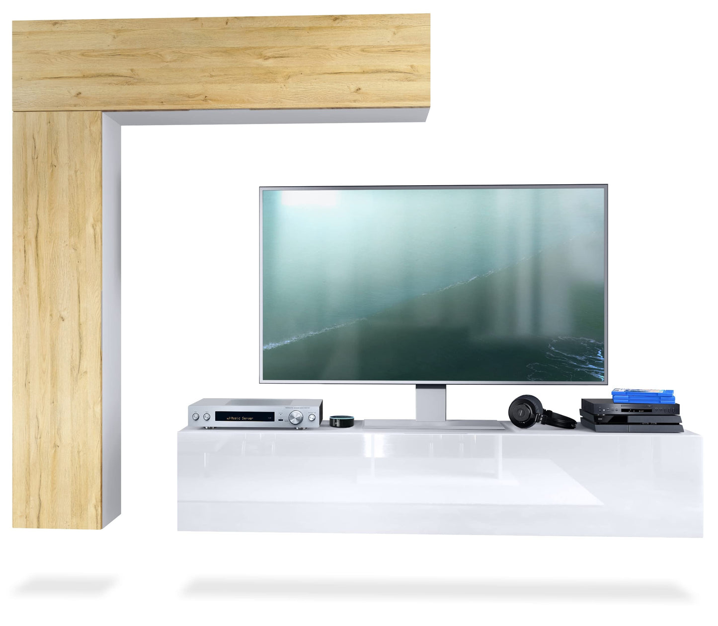 Vladon Taurito Wall Unit, Made in Germany, Matte White / Black High Gloss - Modern Wall Unit for Your Living Room (320 x 182 x 39 cm)