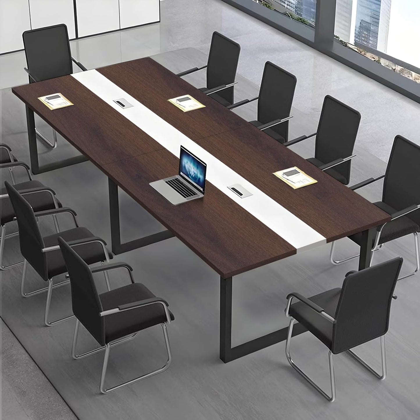 Large Conference Table, Modern Meeting Table with Cable Channel and Black Metal Frame for 8-12 People, Rectangular Seminar Table for Office, Conference Room