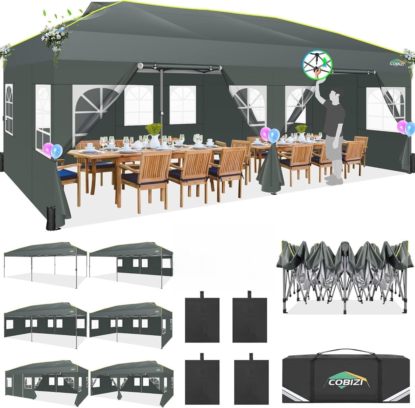 COBIZI Folding Gazebo Gazebo 3 x 6 Waterproof Winterproof Garden Gazebo Party Tent Pop Up Gazebo Foldable Tent with 6 Side Waves with Ventilation Openings, Sandbag for Market, Outdoor Event, Black
