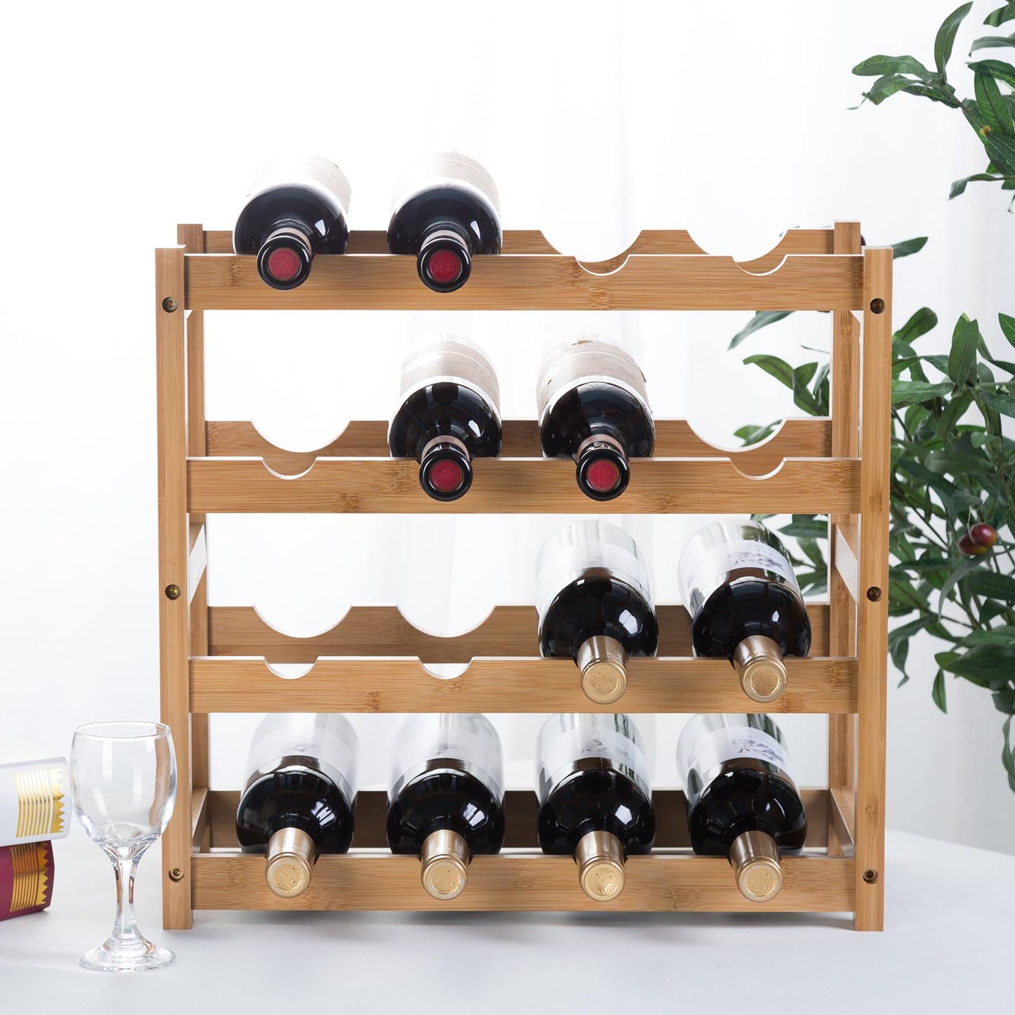 Wine Rack, Small Bottle Rack Storage Holder, Natural Bamboo Bottle Holder, Wine Bottle Shelf for Kitchen, Countertop, Cellar, Bar, Cabinet (2 Tiers, 8 Bottles)