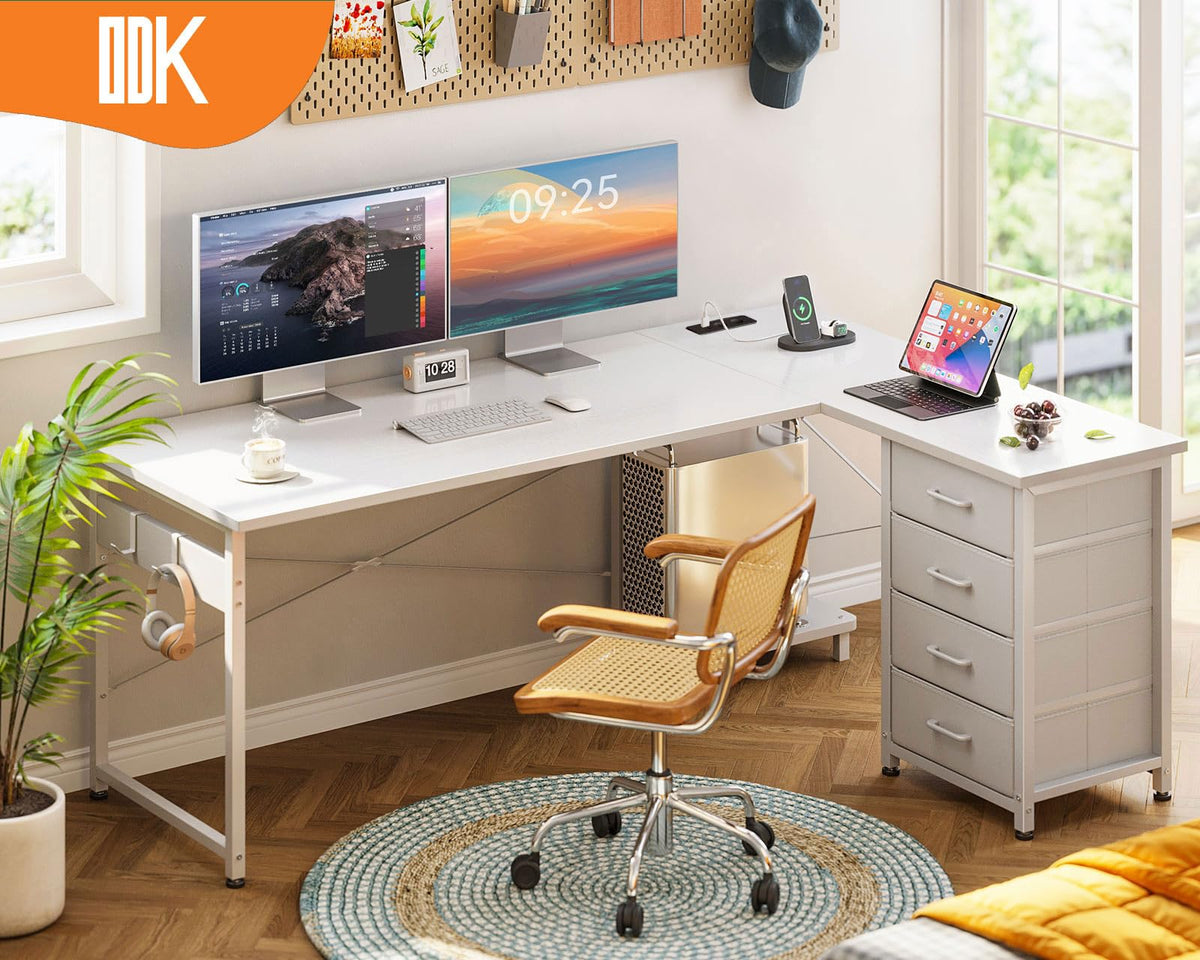 ODK Corner Desk with 4 Drawers, 155 x 110 cm, L Shape Desk with Socket and USB Charging Port, Reversible Desk with Storage Space for Office, Study, Bedroom, Vintage Brown