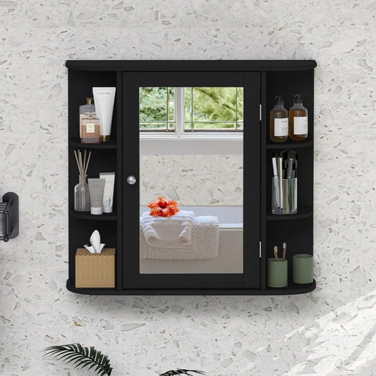 COSTWAY Bathroom Mirror Cabinet, 4 Compartments & 6 Open Shelves, Bathroom Cabinet with Mirror, Hanging Bathroom Cabinet, Wood, 66 x 17 x 63 cm (Grey)