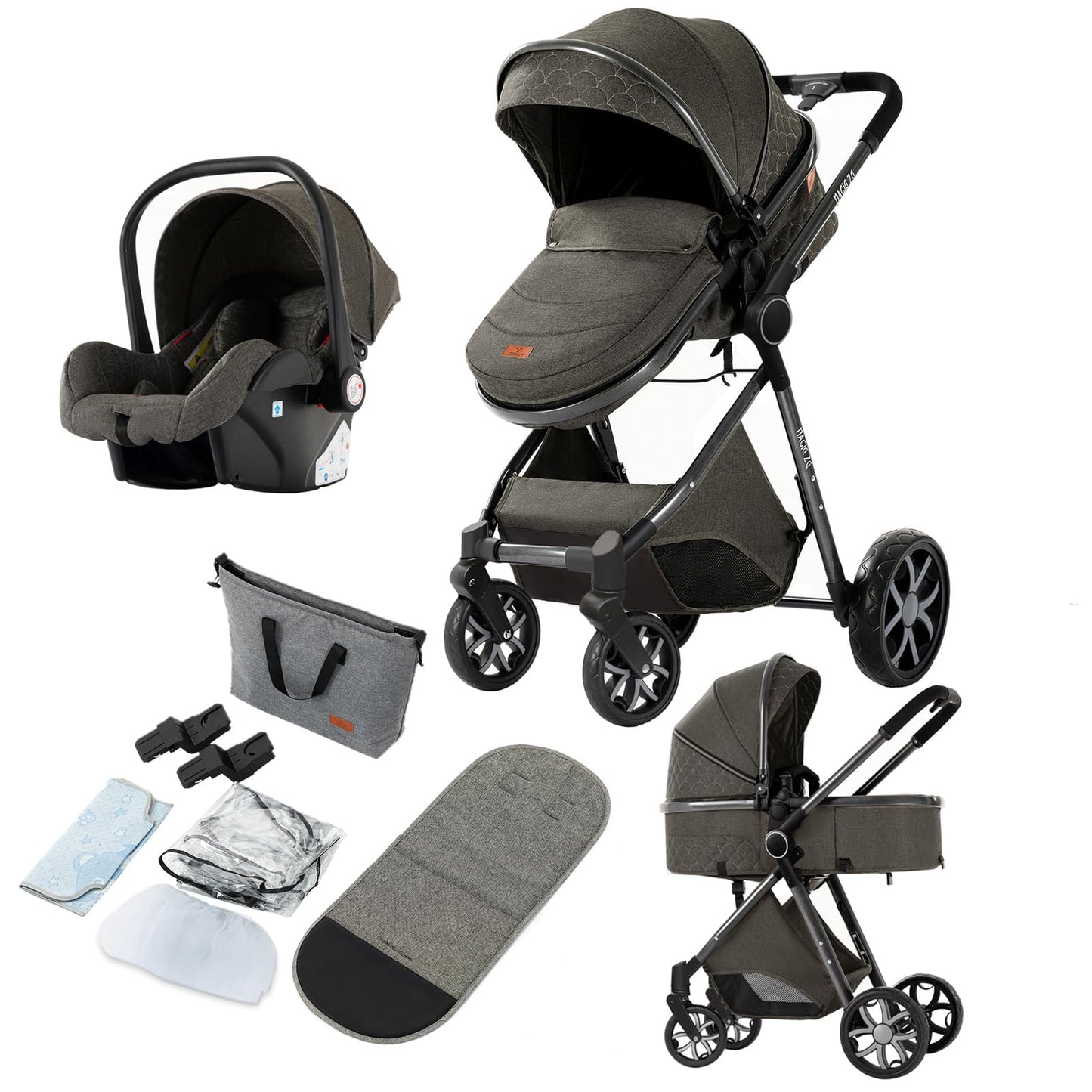 PU Leather Pushchair 3-in-1, Buggy with One-Click Folding Design, Pushchair with Two Reversible Sliding Modes, Combination Pushchair 3-in-1 Complete Set Frame Aluminium Alloy (518 Black)
