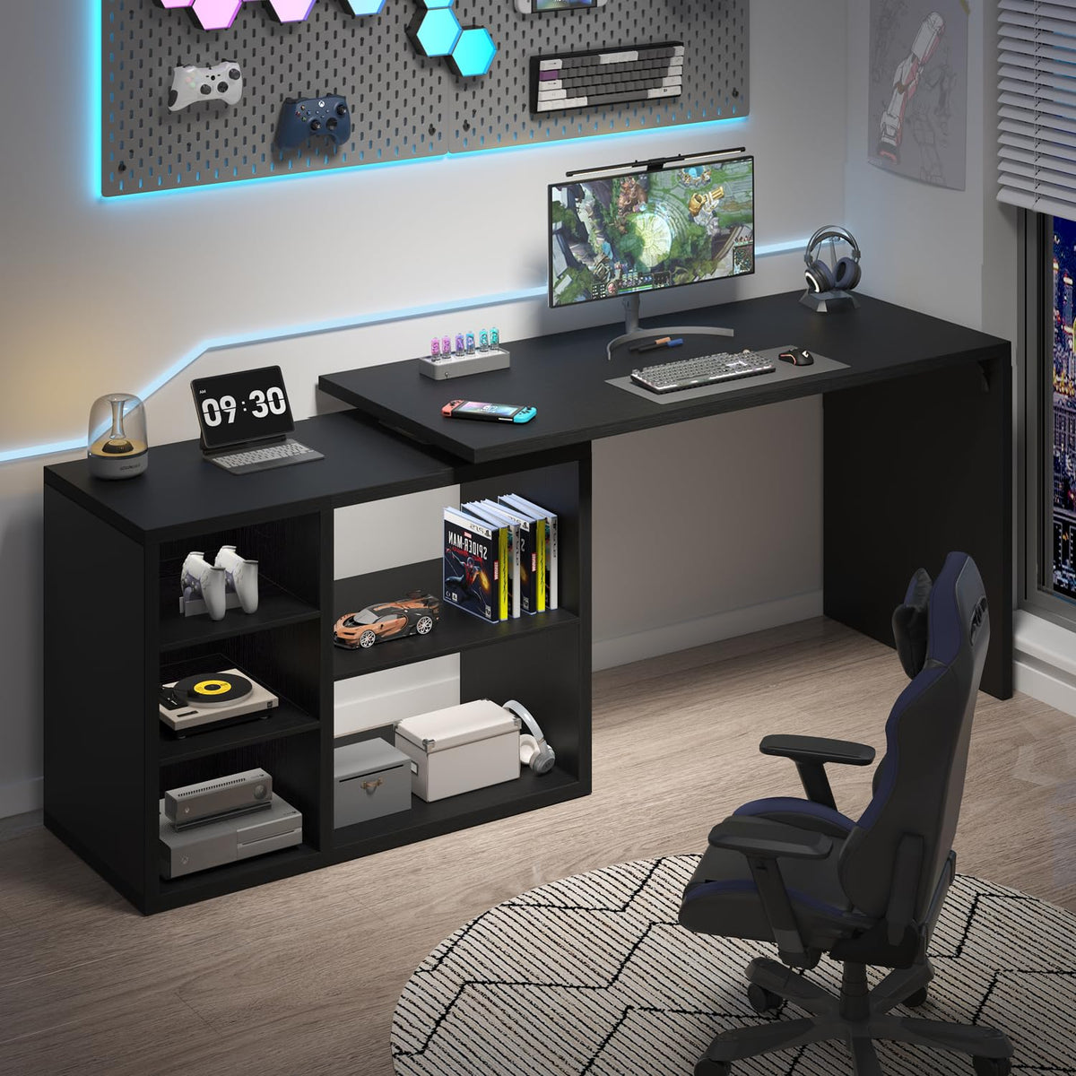HSH Desk L Shape with Storage Space Corner Desk for Home Office Industrial Computer Desk Office Table Wood Design PC Table for Office Study Vintage Grey 140 cm