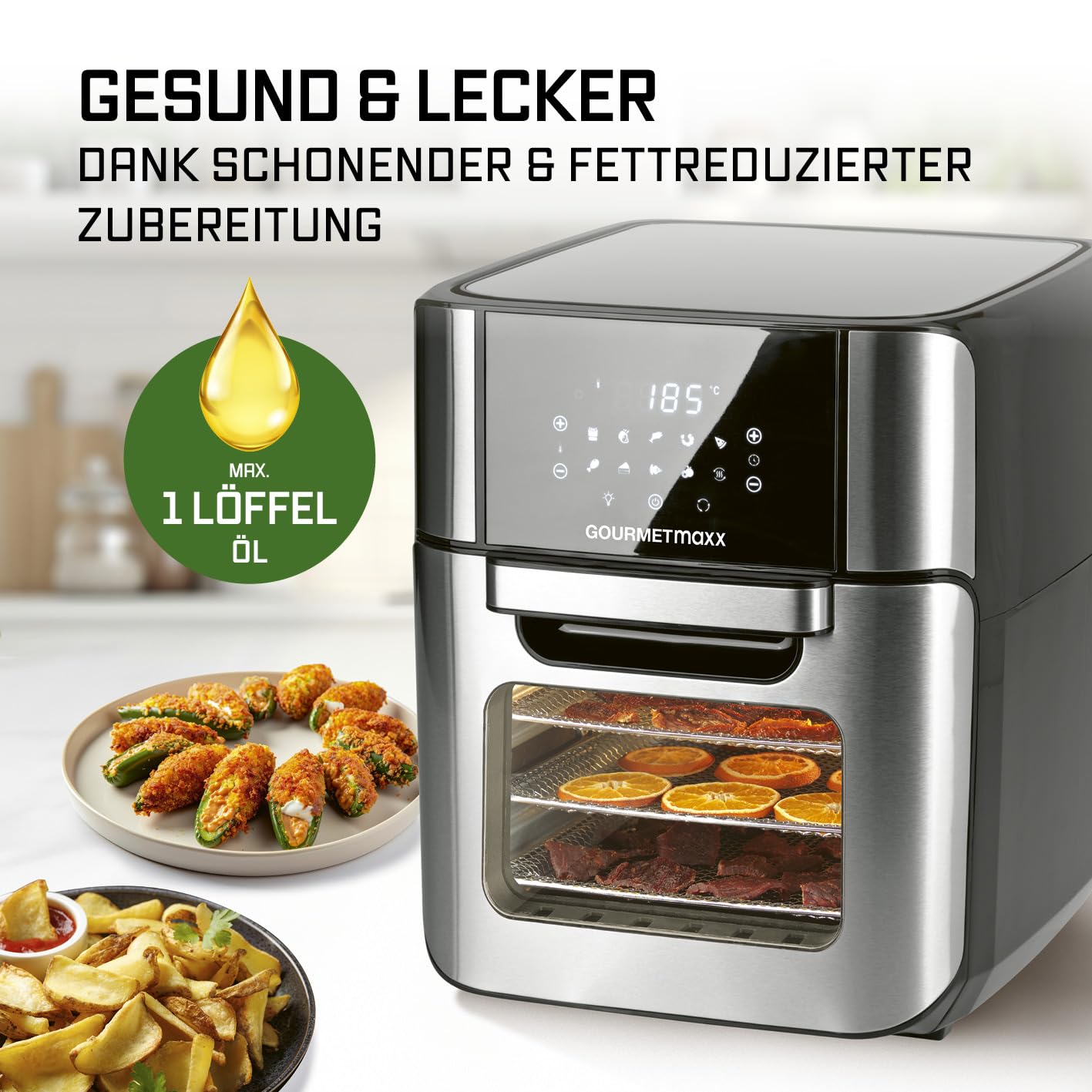 GOURMETmaxx Digitale Heißluftfritteuse 12 L, XXL-Edelstahl-Ofen | Airfryer + Timer, Touchdisplay, Drehspieß | fettarm, energiesparend frittieren | 10 Programme inkl. Pizza | 1800 W
