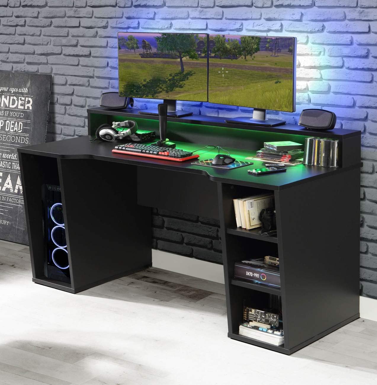 Forte TEZAUR Computer Desk Gaming Desk with LED Lighting and Shelf, Wood Material, Black, W x H x D: 200 x 91.1 x 125.4 cm