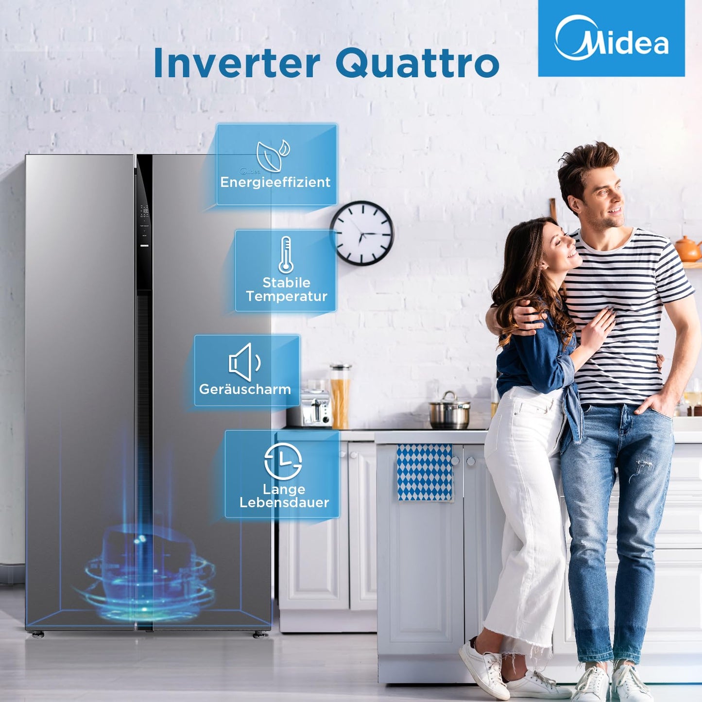 Midea KS-DDX 6.32 WT Side-by-Side Kühl-/Gefrierkombination/ 178,8 cm Höhe/ 254 kWh/Jahr/No Frost/Dual Inverter Compressor/mit 3in1 Wasser-/Eisspender und Wassertank, Dark Inox