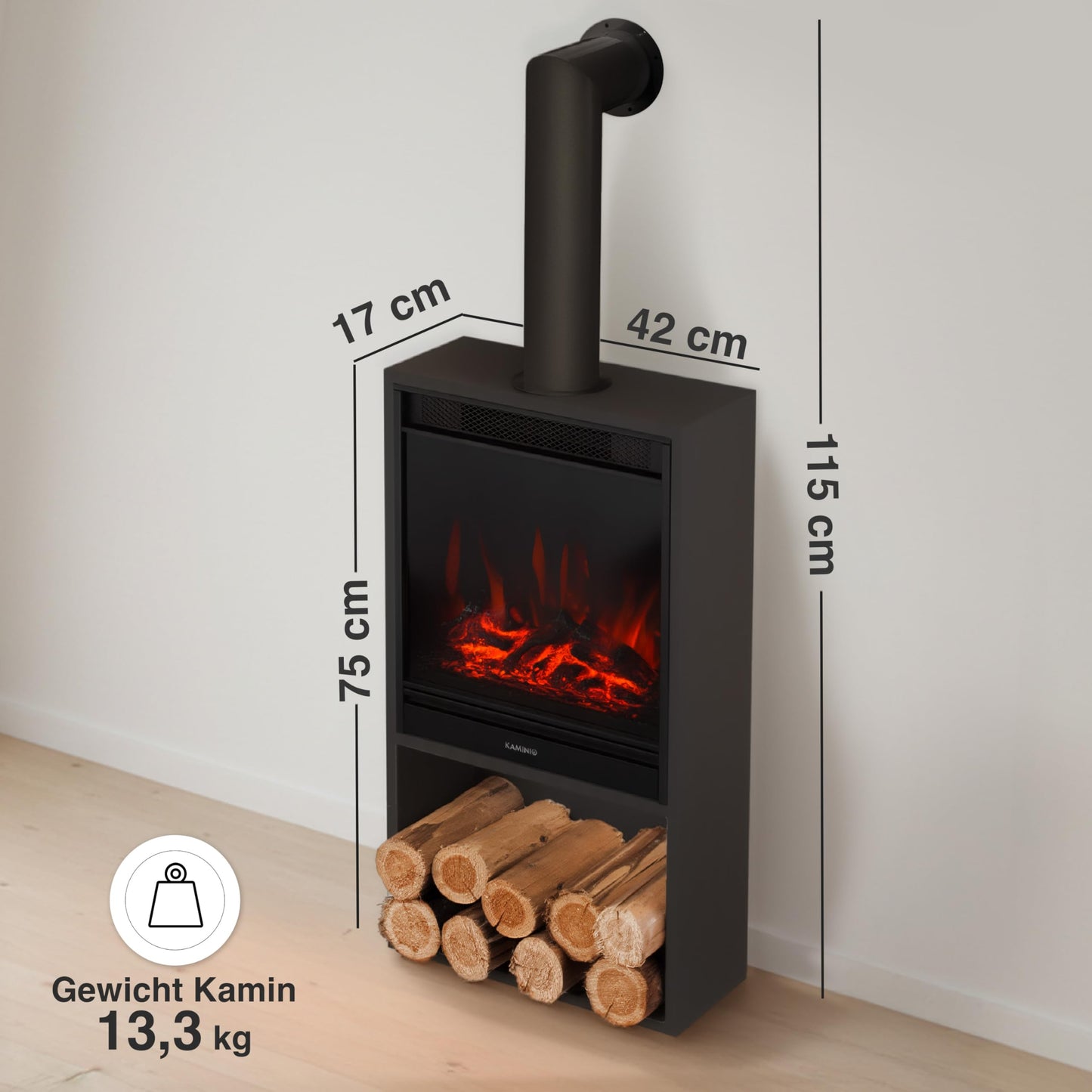 Hugo Electric Fireplace with Heater, 3D Flame Effect, LED Ambient Light, Wooden Compartment, Remote Control (White)