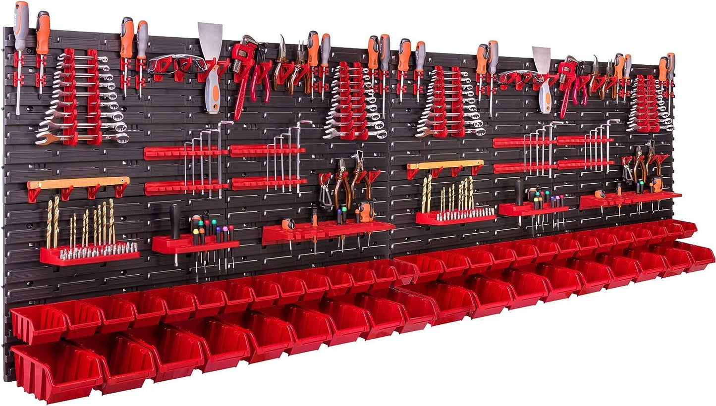Storage System Wall Shelf 230 x 78 cm, Tool Holders, 46 Pieces Stacking Boxes, Storage Shelves, Storage Boxes, Extra-Strong Wall Shelves, Expandable Workshop Shelving, Workshop Shelves