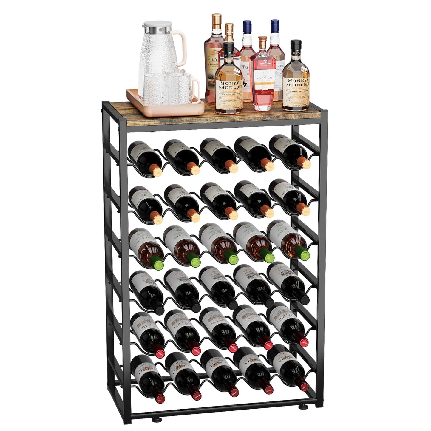 Urban Deco Wine Rack for 30 Bottles, Bottle Rack Standing with Wooden Table Top, Wine Rack Metal Black for Kitchen, Bar, Basement, Dining Room, 59 x 30 x 89 cm