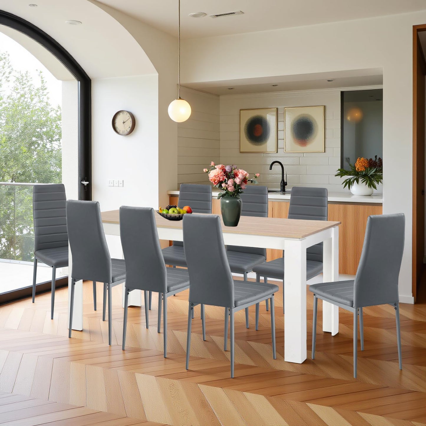 FURNITABLE Esstisch mit 6 Stühlen Esszimmergruppe, Essgruppe mit Hochlehner Kunstleder Stuhl für 6 Personen, Sitzgruppe für Küche Wohnzimmer(160cm Eiche-Weiß Tischbein Tisch+6 Schwarz Stühle)