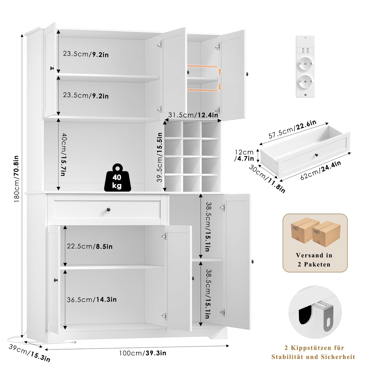 FirFurd Kitchen Cabinet 180 cm Buffet Cabinet with LED Sideboard for Kitchen with Power Strip Kitchen Cabinet with Worktop and Wine Rack for 12 Bottles Kitchen Buffet Kitchen Furniture 180 x 100 x 39