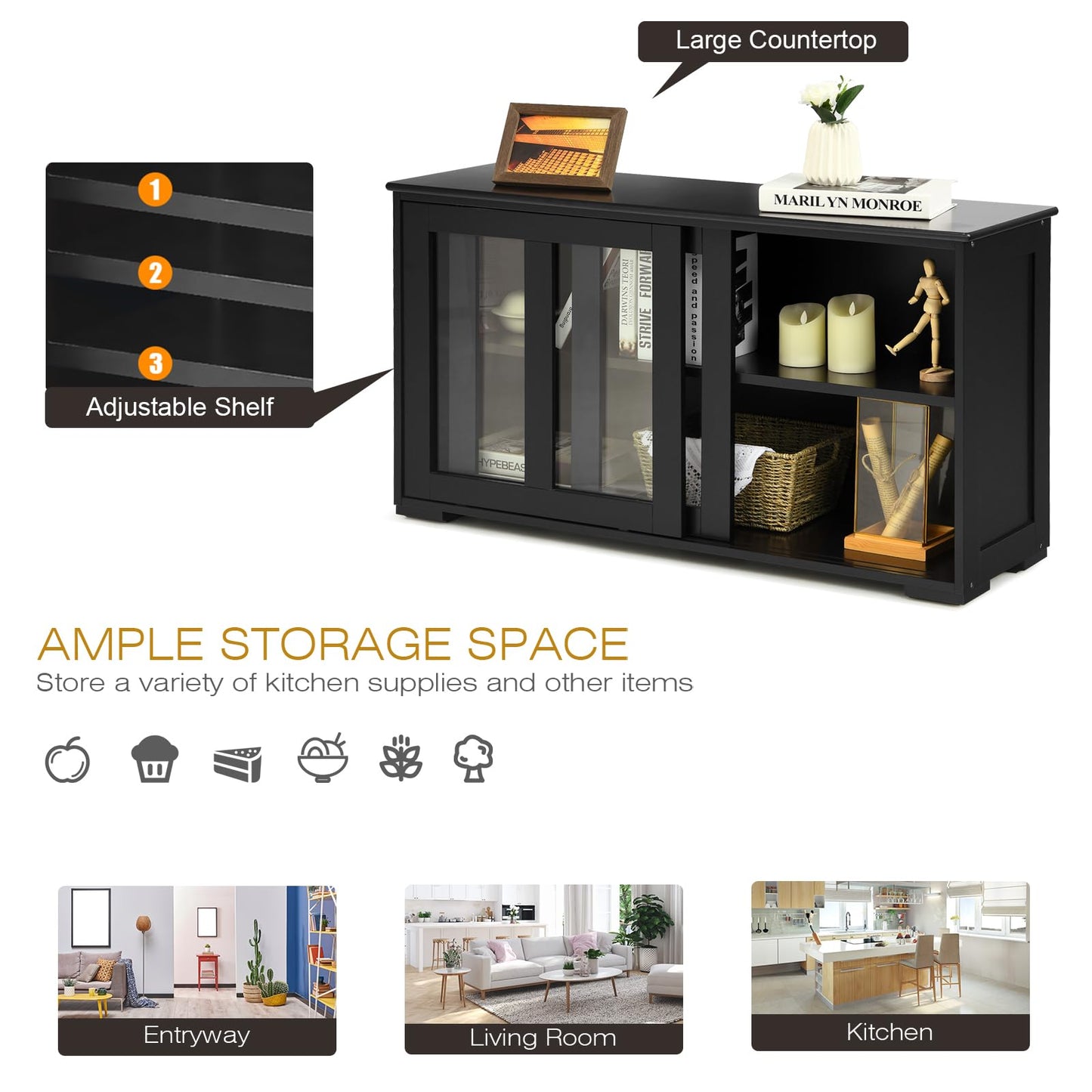 KOMFOTTEU Sideboard Side Cabinet, Kitchen Chest of Drawers with Glass Sliding Doors, Wooden Kitchen Cabinet with Adjustable Shelf, Buffet Cabinet 107 x 33 x 64 cm for Hallway Dining Room (Cream White)