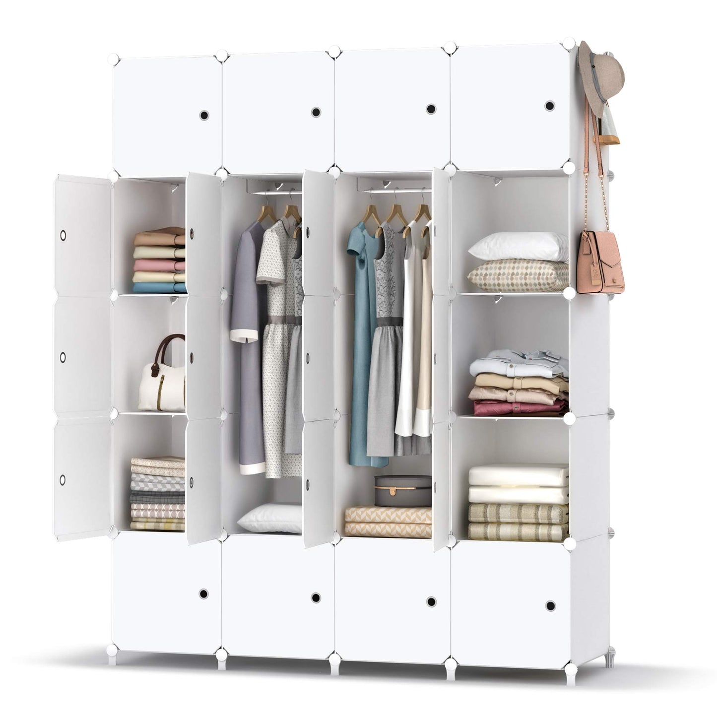 HOMIDEC Wardrobe, Portable Shelf System, 20 Cube Plastic Cabinet with 2 Clothes Rails, Bedroom Wardrobe, White for Bedroom, 180 x 142 x 45 cm
