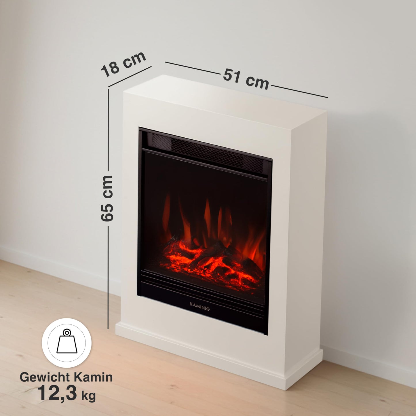 Kalle Electric Fireplace with Heater, 3D Flame Effect, Remote Control (White)